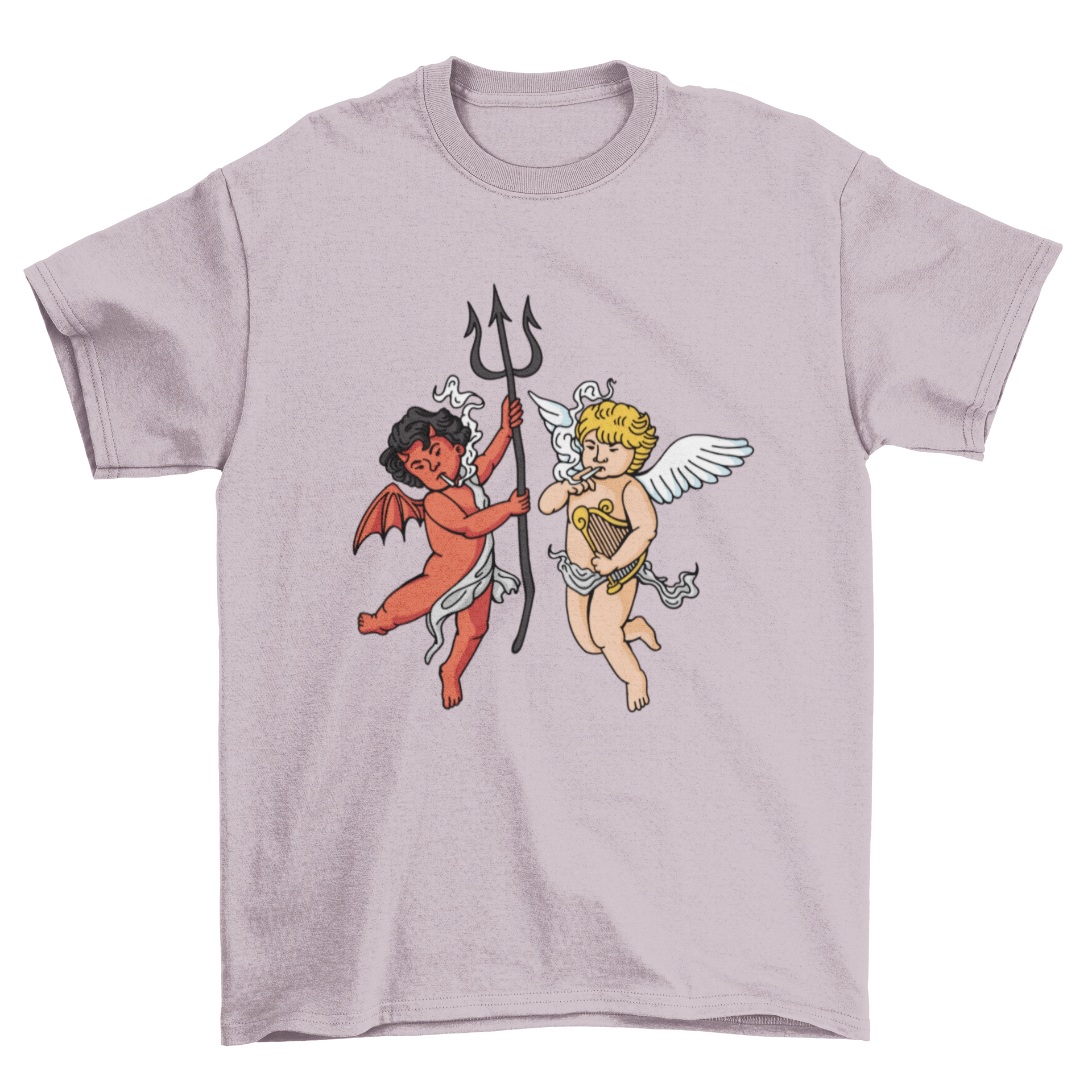 A stylish t-shirt featuring a demon and angel smoking, showcasing intricate artwork and bold colors.