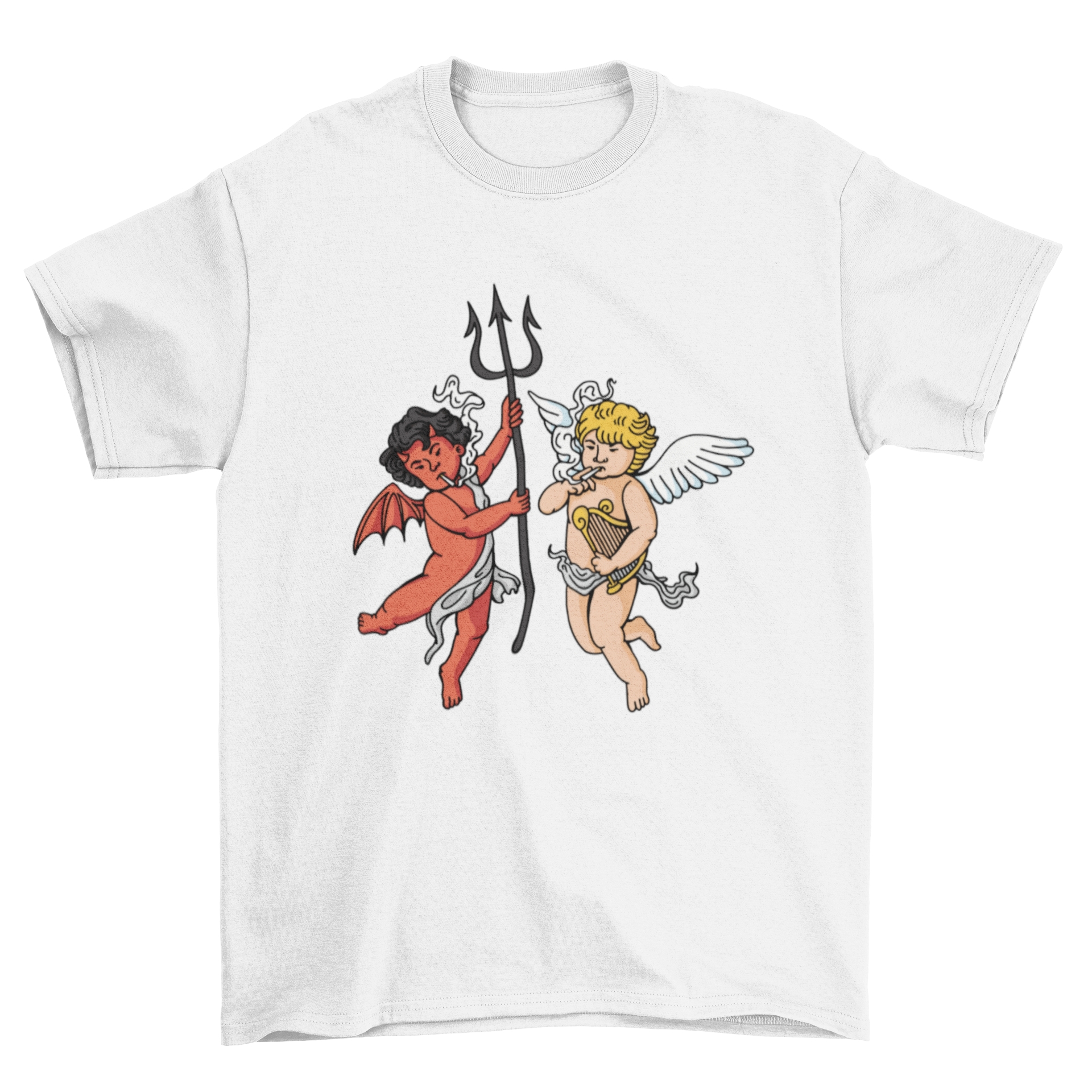 A stylish t-shirt featuring a demon and angel smoking, showcasing intricate artwork and bold colors.