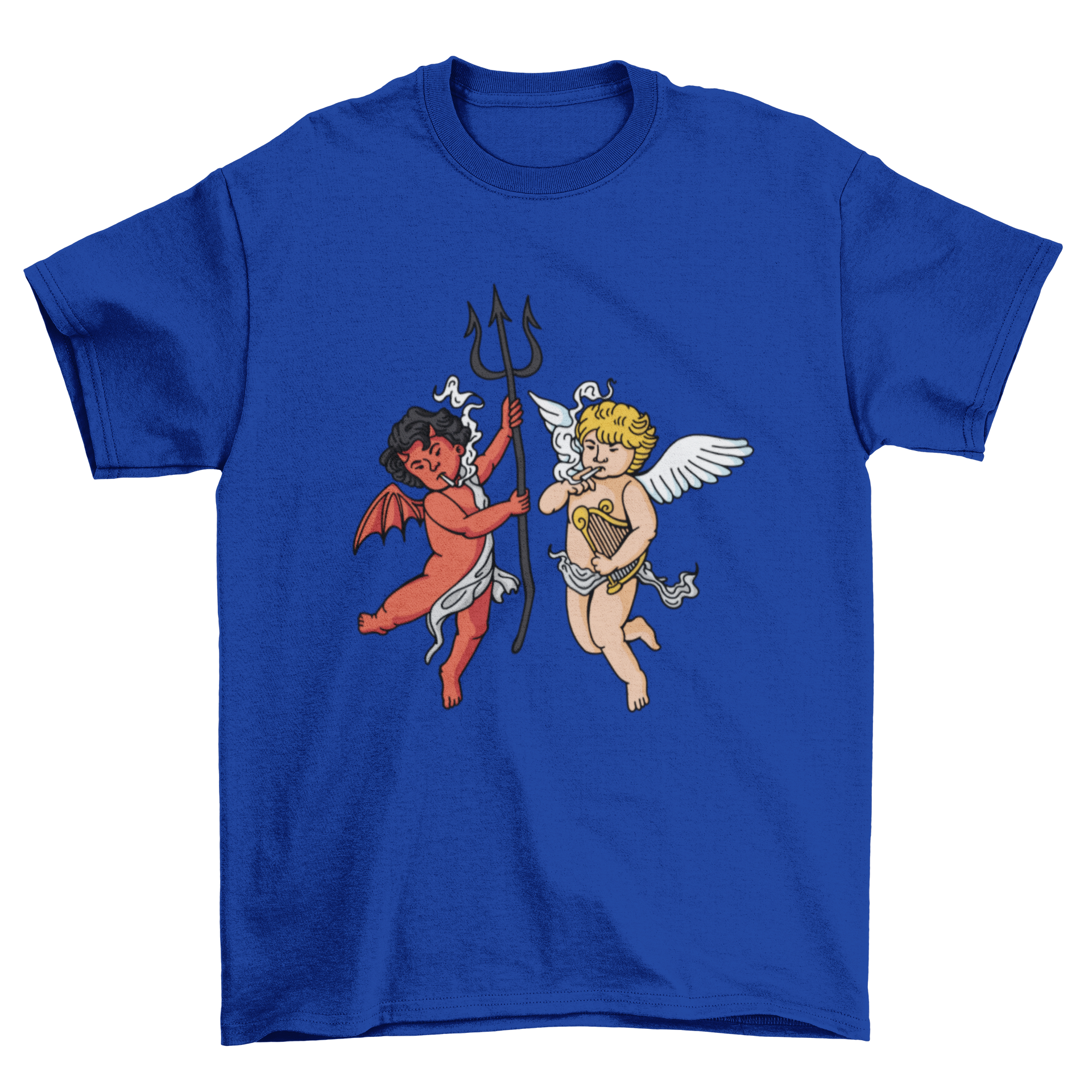 A stylish t-shirt featuring a demon and angel smoking, showcasing intricate artwork and bold colors.