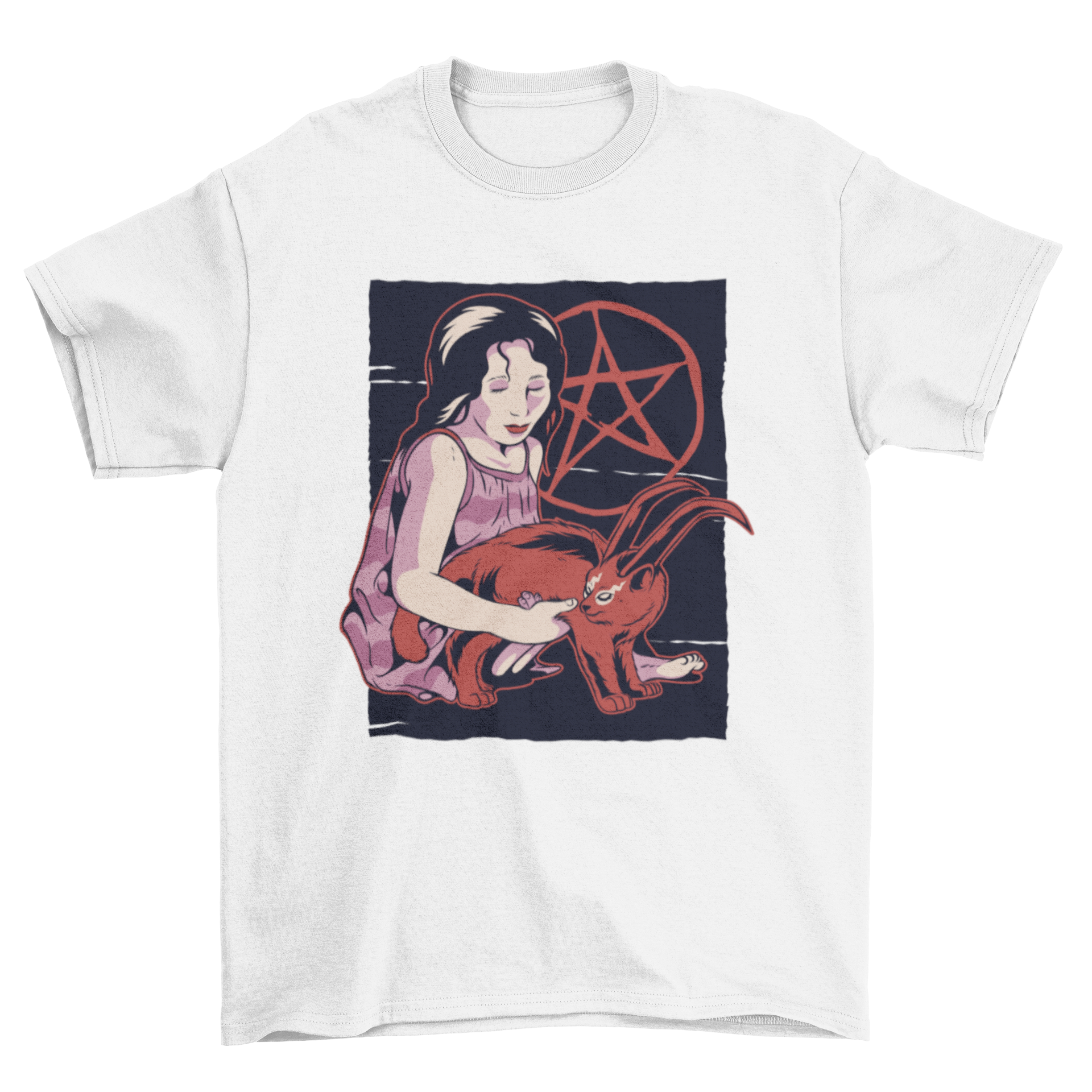 Demon Cat T-shirt featuring a girl holding a red demonic cat with stylish lettering.