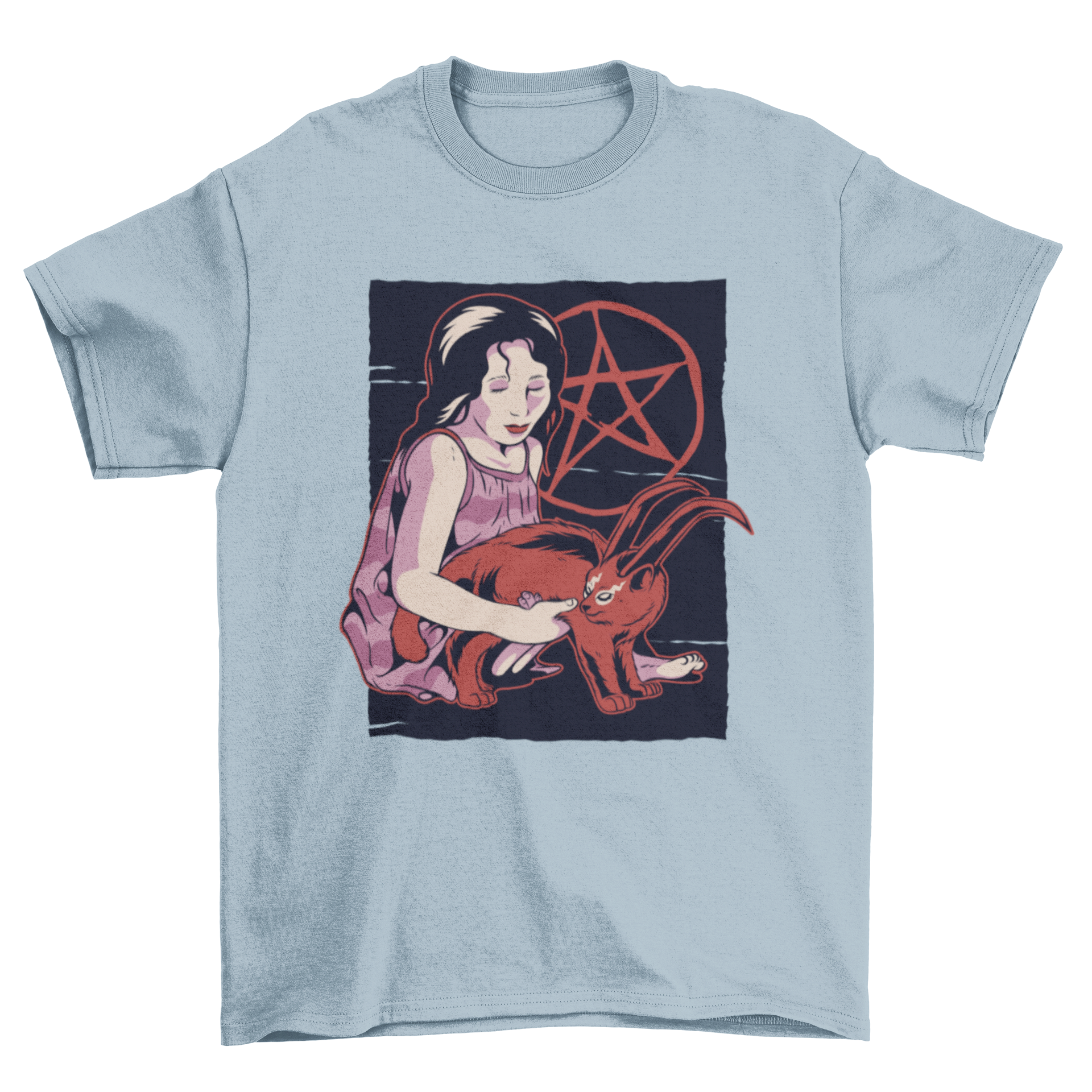 Demon Cat T-shirt featuring a girl holding a red demonic cat with stylish lettering.