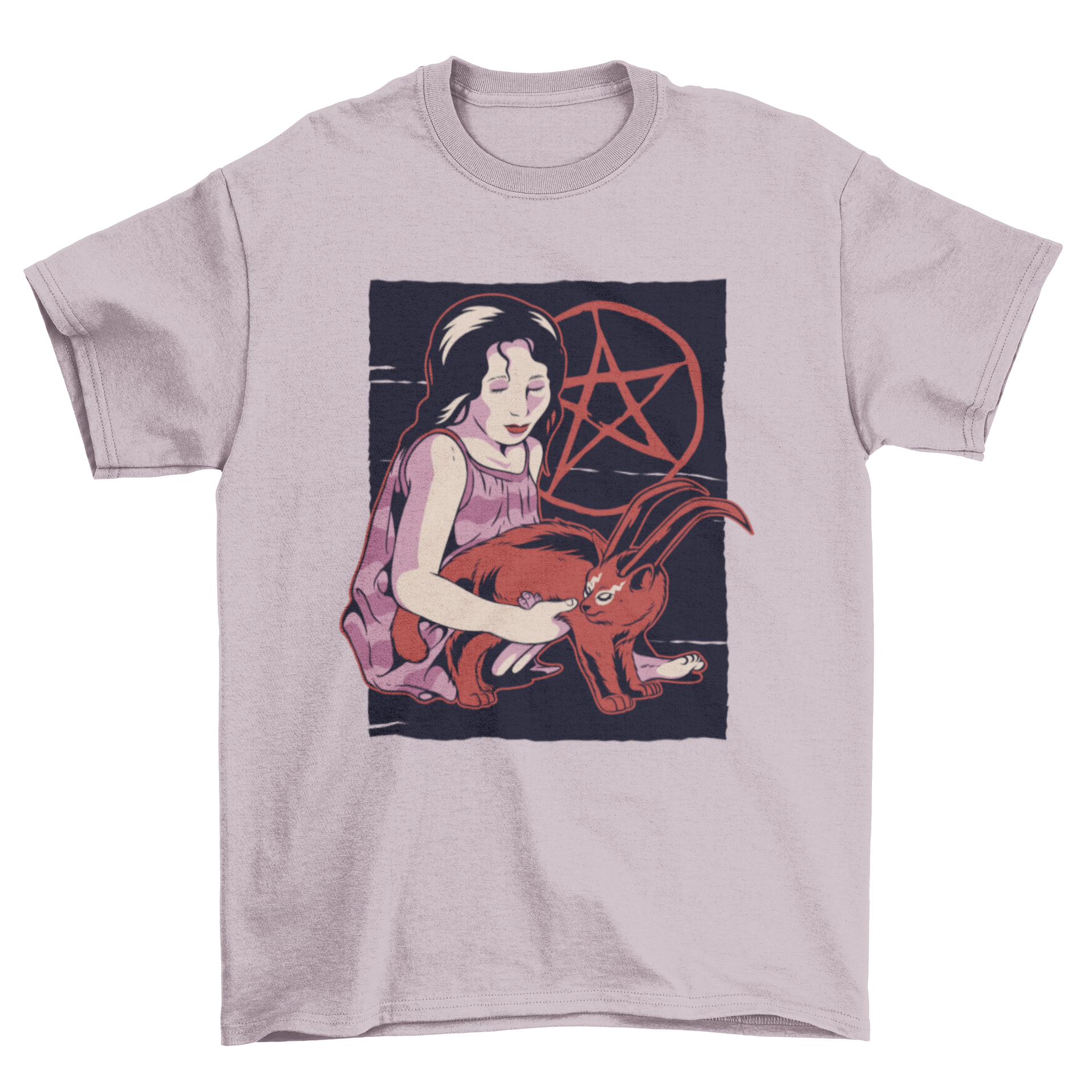 Demon Cat T-shirt featuring a girl holding a red demonic cat with stylish lettering.