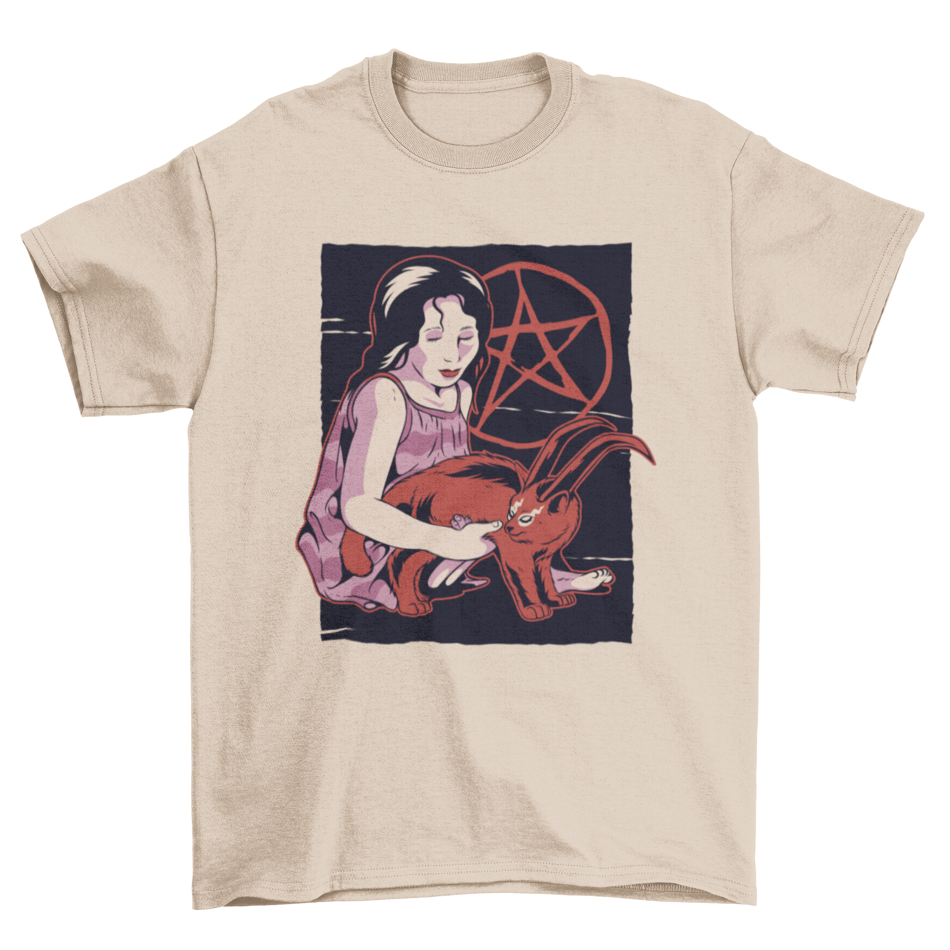 Demon Cat T-shirt featuring a girl holding a red demonic cat with stylish lettering.