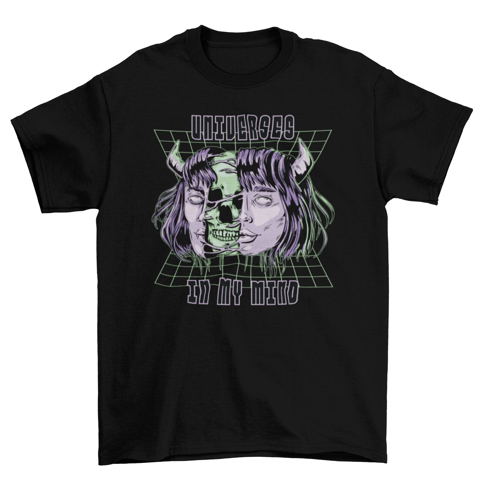 Demon girl skull t-shirt featuring a striking design with a skull and the quote 'Universes in my mind'.