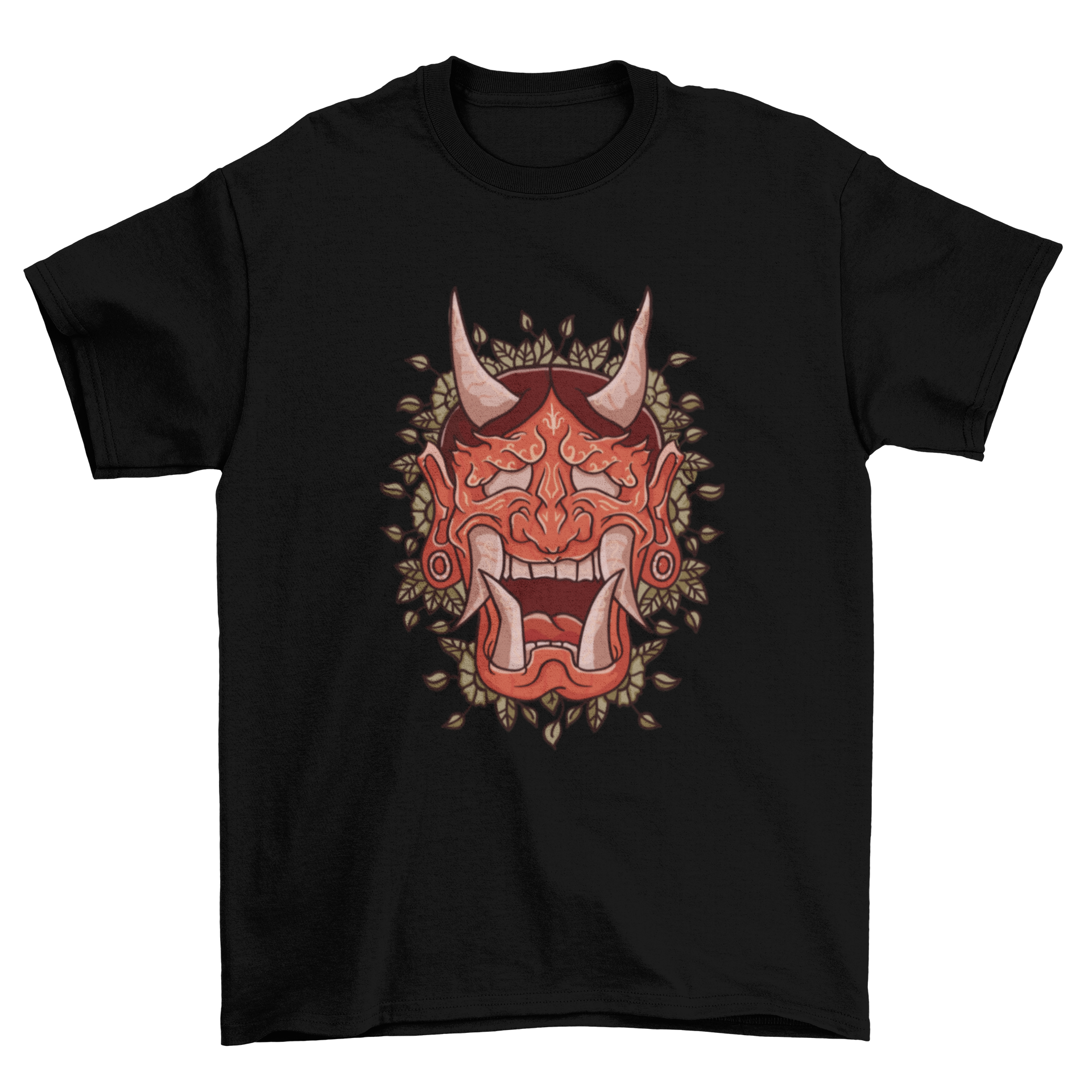 A stylish t-shirt featuring a detailed illustration of a Japanese Hannya demon mask, showcasing vibrant colors and intricate designs.