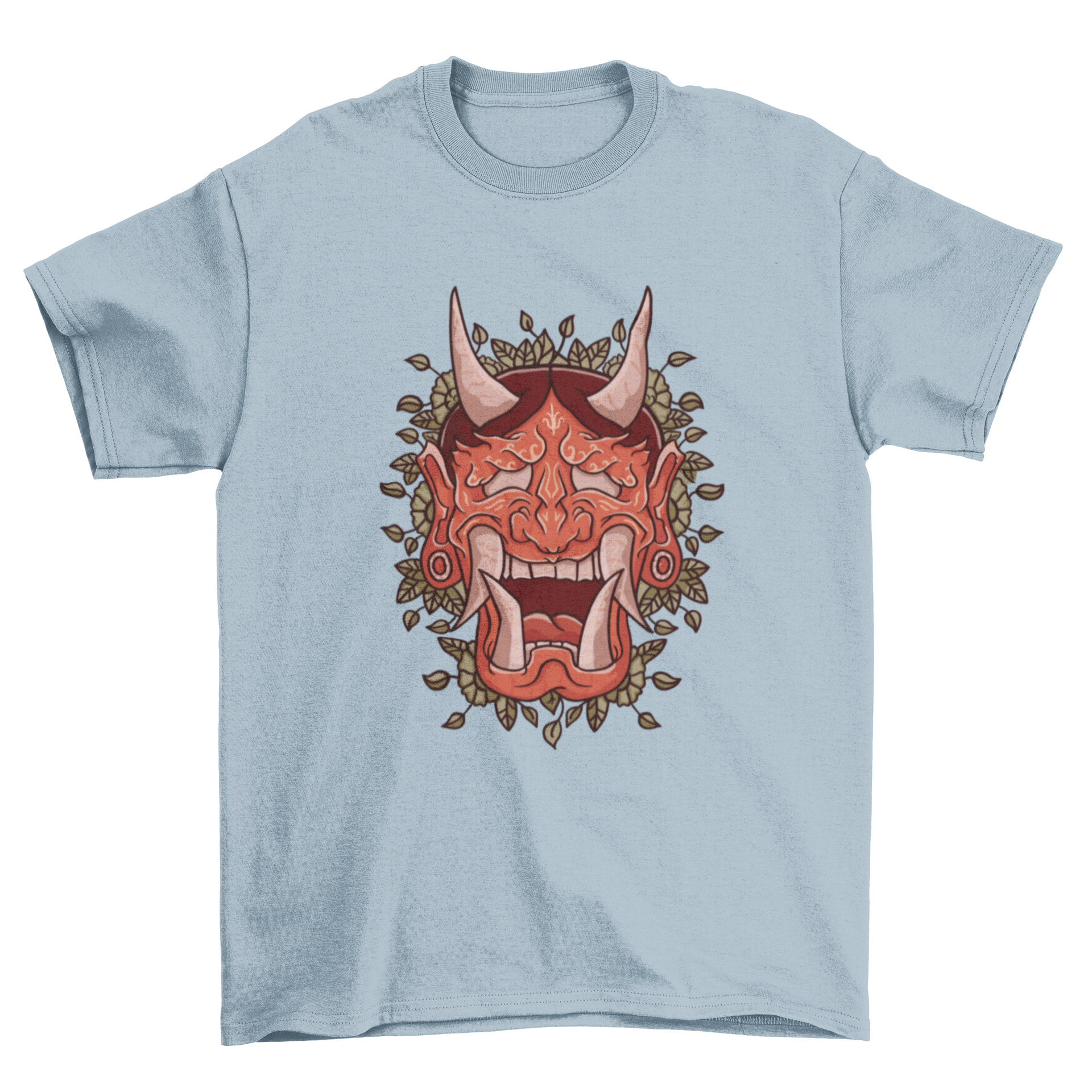 A stylish t-shirt featuring a detailed illustration of a Japanese Hannya demon mask, showcasing vibrant colors and intricate designs.