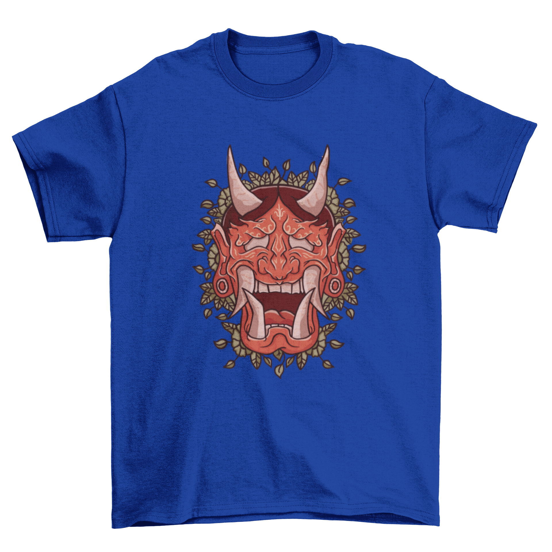 A stylish t-shirt featuring a detailed illustration of a Japanese Hannya demon mask, showcasing vibrant colors and intricate designs.