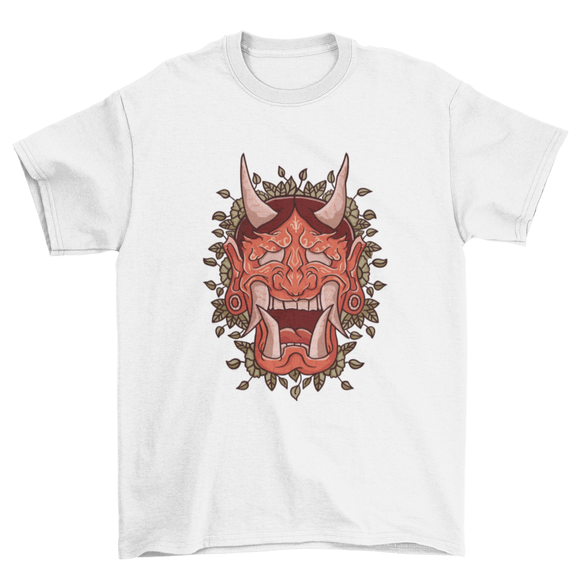 A stylish t-shirt featuring a detailed illustration of a Japanese Hannya demon mask, showcasing vibrant colors and intricate designs.