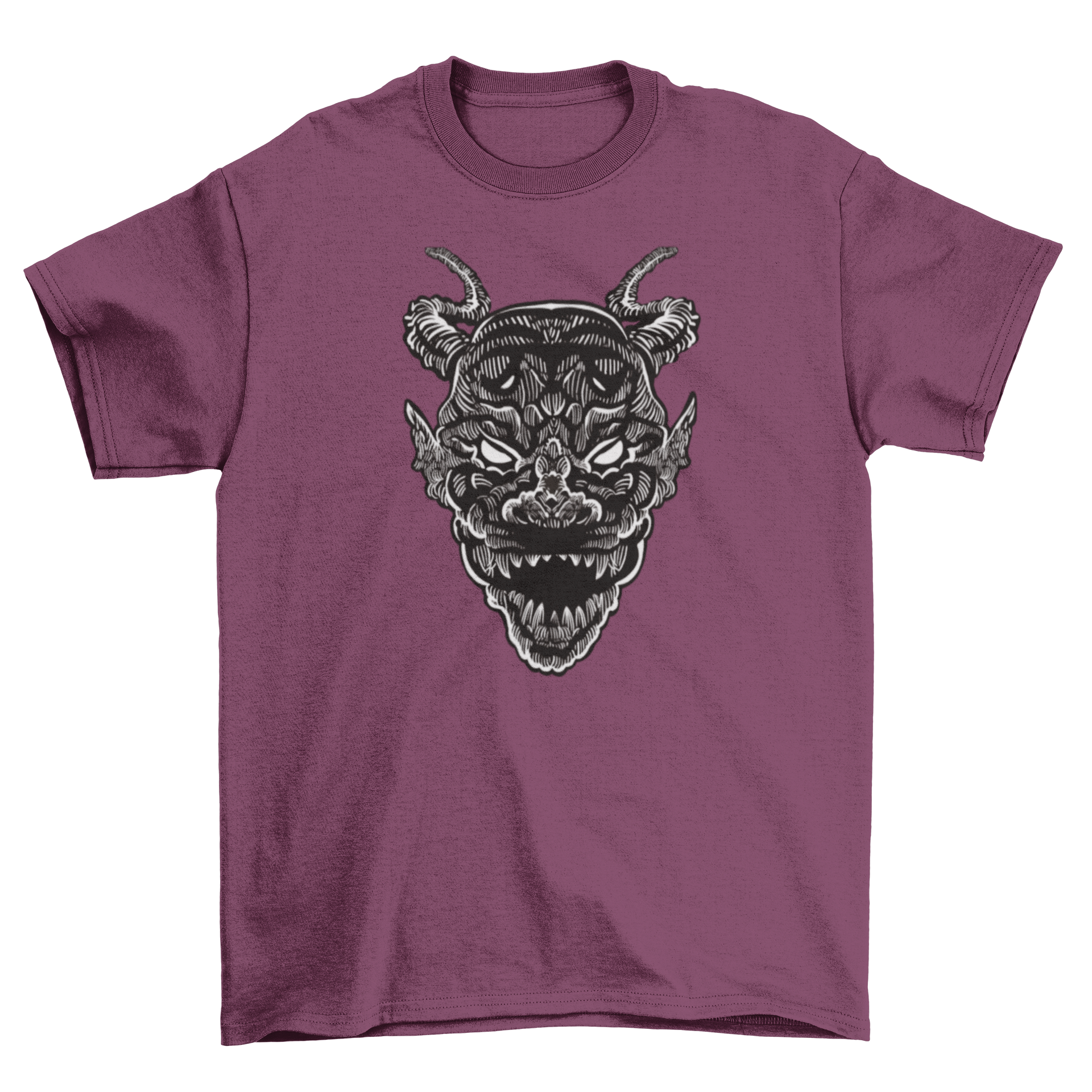 Demon monster head t-shirt featuring detailed graphic with horns, perfect for casual wear.