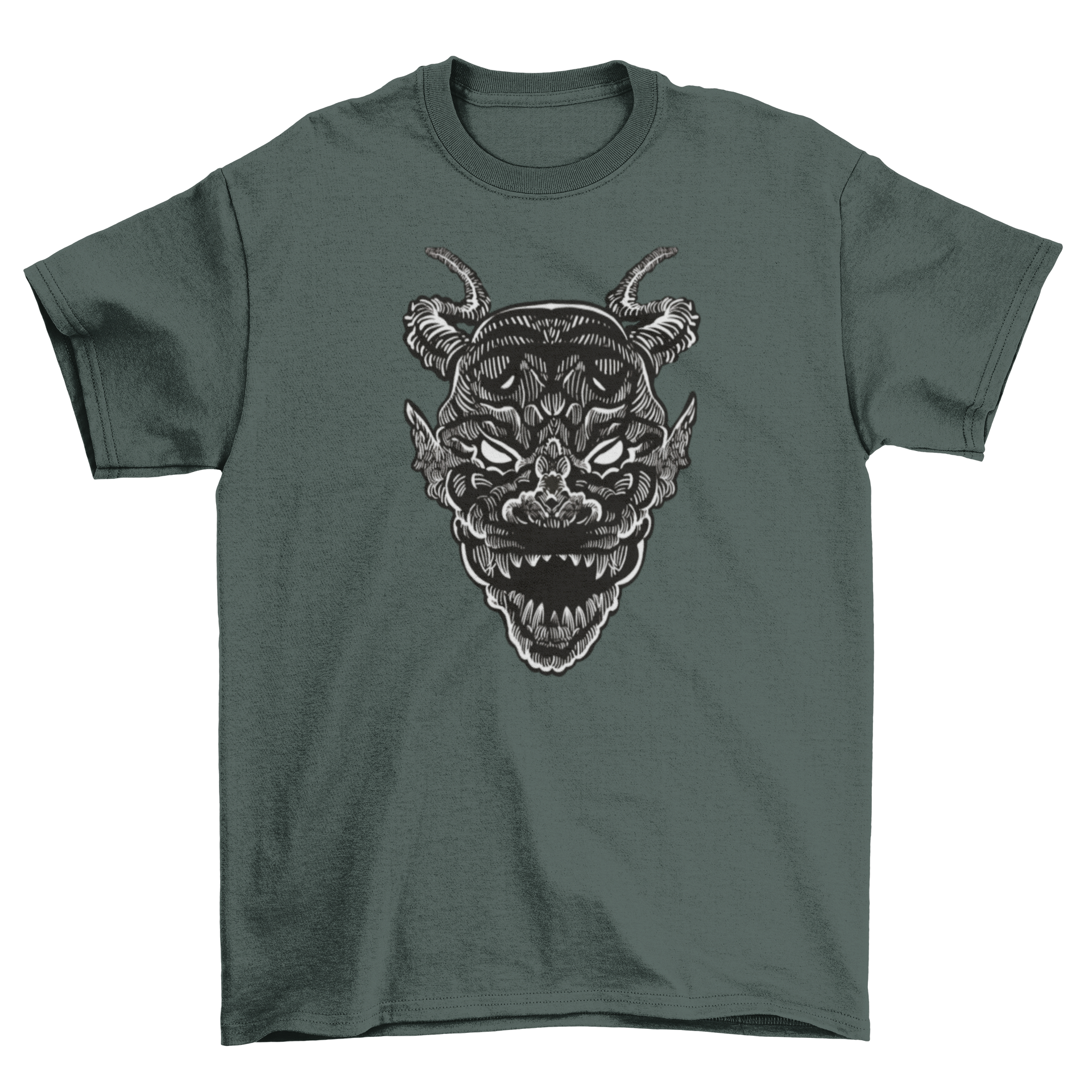 Demon monster head t-shirt featuring detailed graphic with horns, perfect for casual wear.