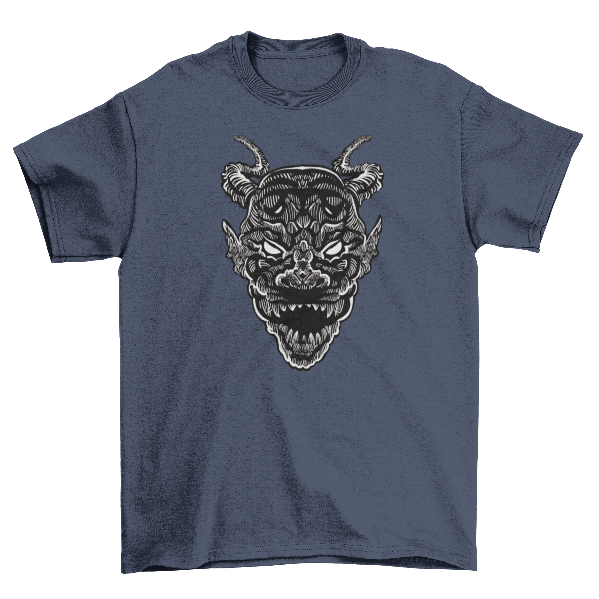 Demon monster head t-shirt featuring detailed graphic with horns, perfect for casual wear.