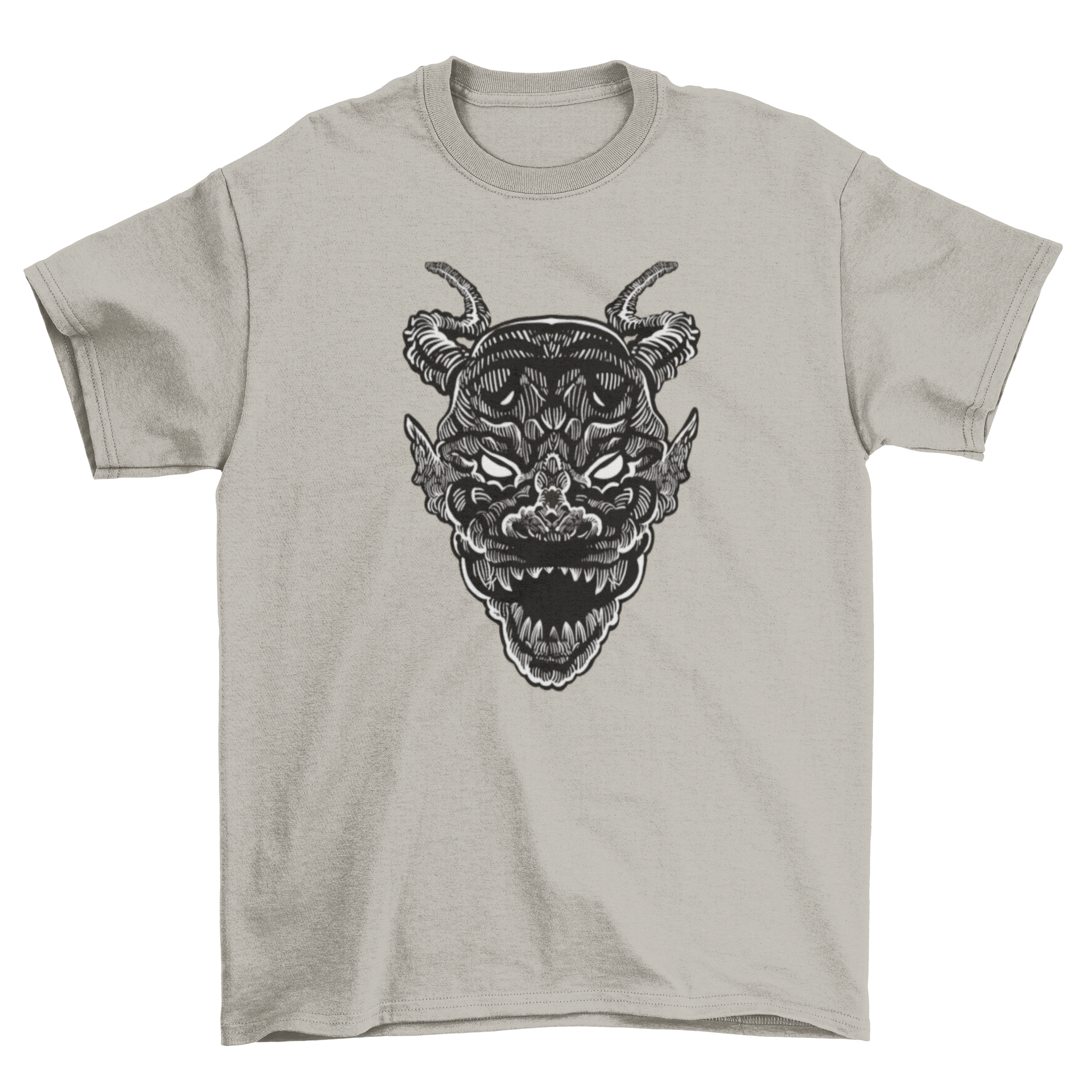 Demon monster head t-shirt featuring detailed graphic with horns, perfect for casual wear.