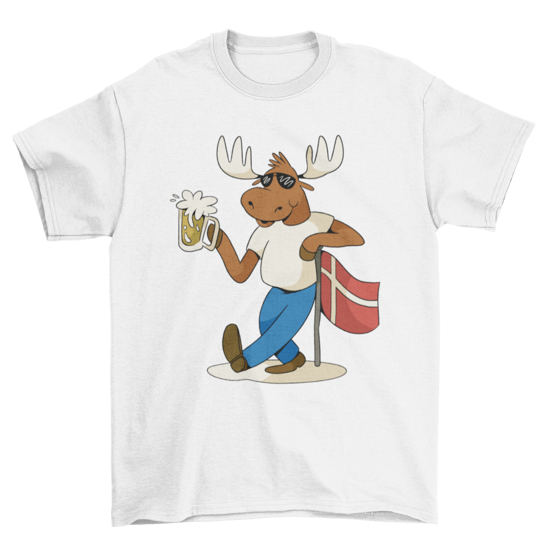 A playful t-shirt featuring a moose leaning against the Denmark flag while drinking beer, showcasing a fun and unique design.