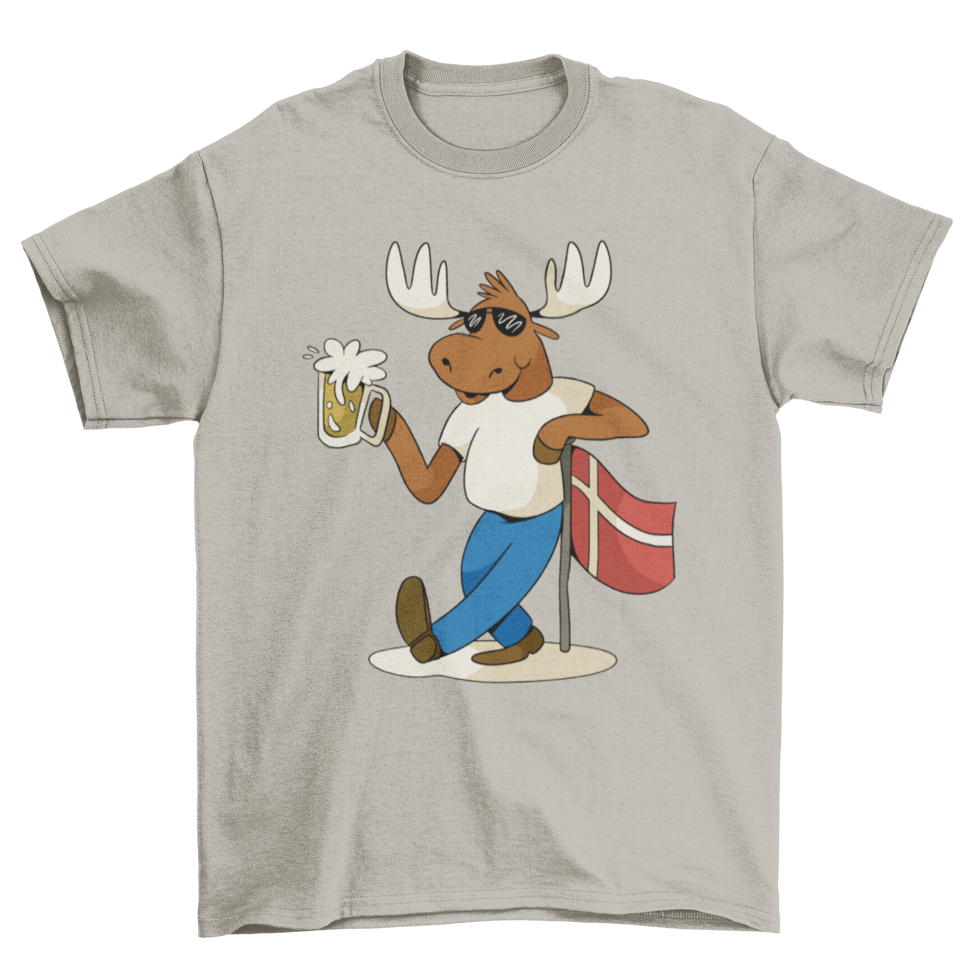 A playful t-shirt featuring a moose leaning against the Denmark flag while drinking beer, showcasing a fun and unique design.