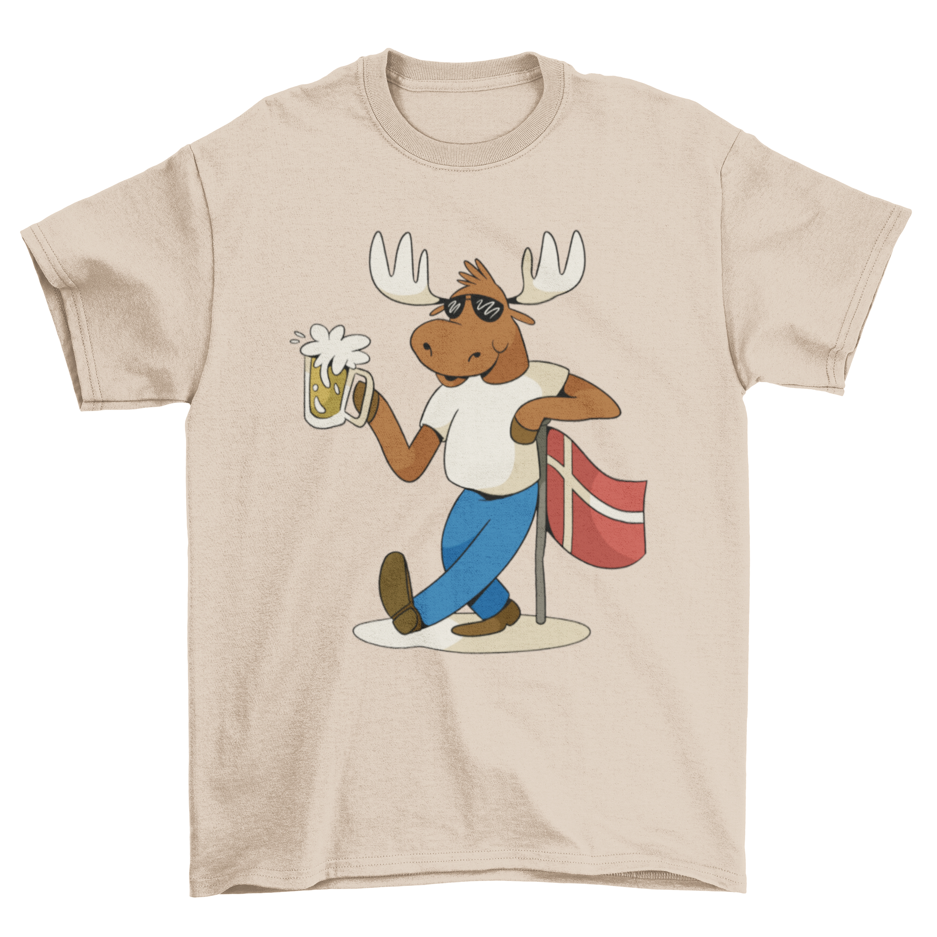 A playful t-shirt featuring a moose leaning against the Denmark flag while drinking beer, showcasing a fun and unique design.