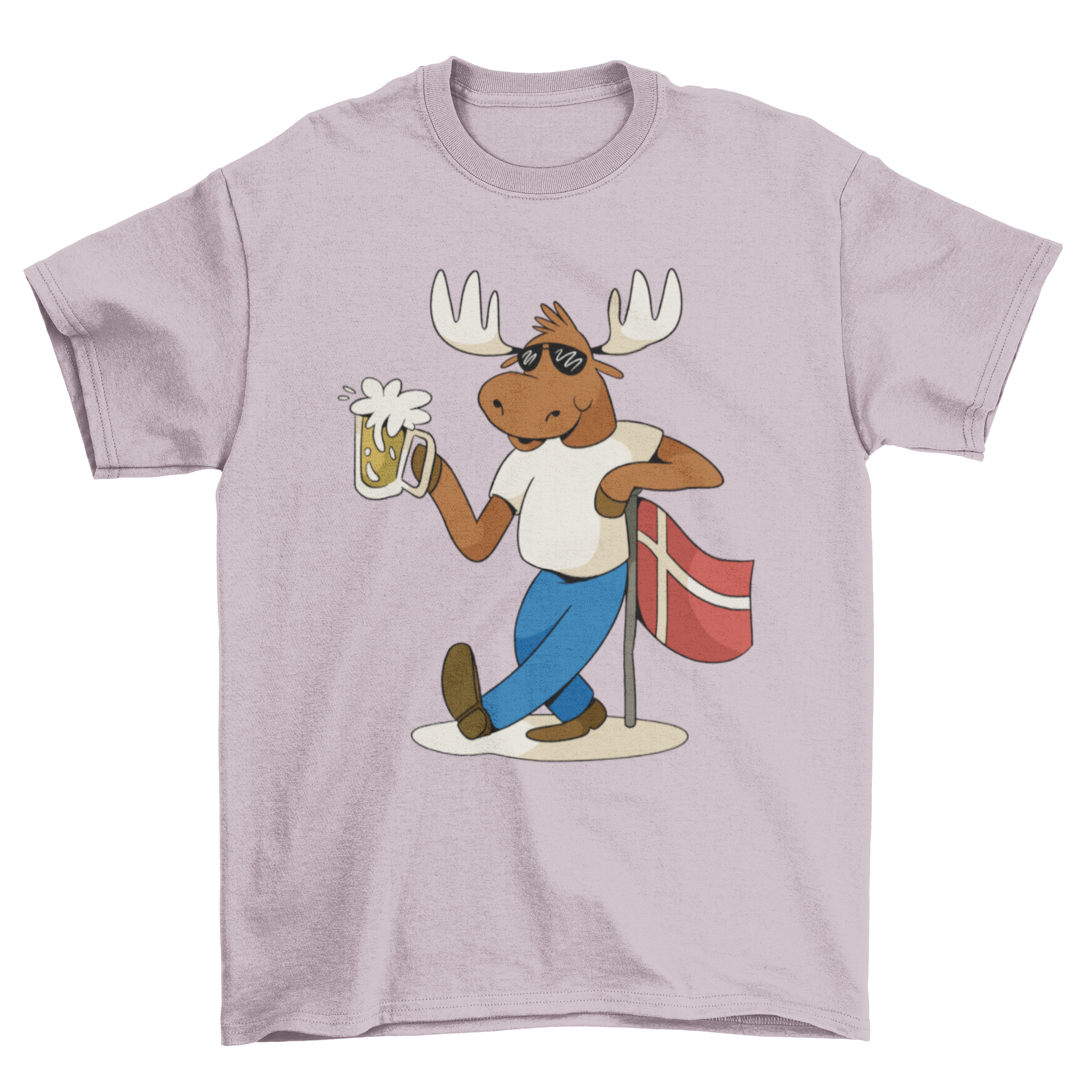 A playful t-shirt featuring a moose leaning against the Denmark flag while drinking beer, showcasing a fun and unique design.