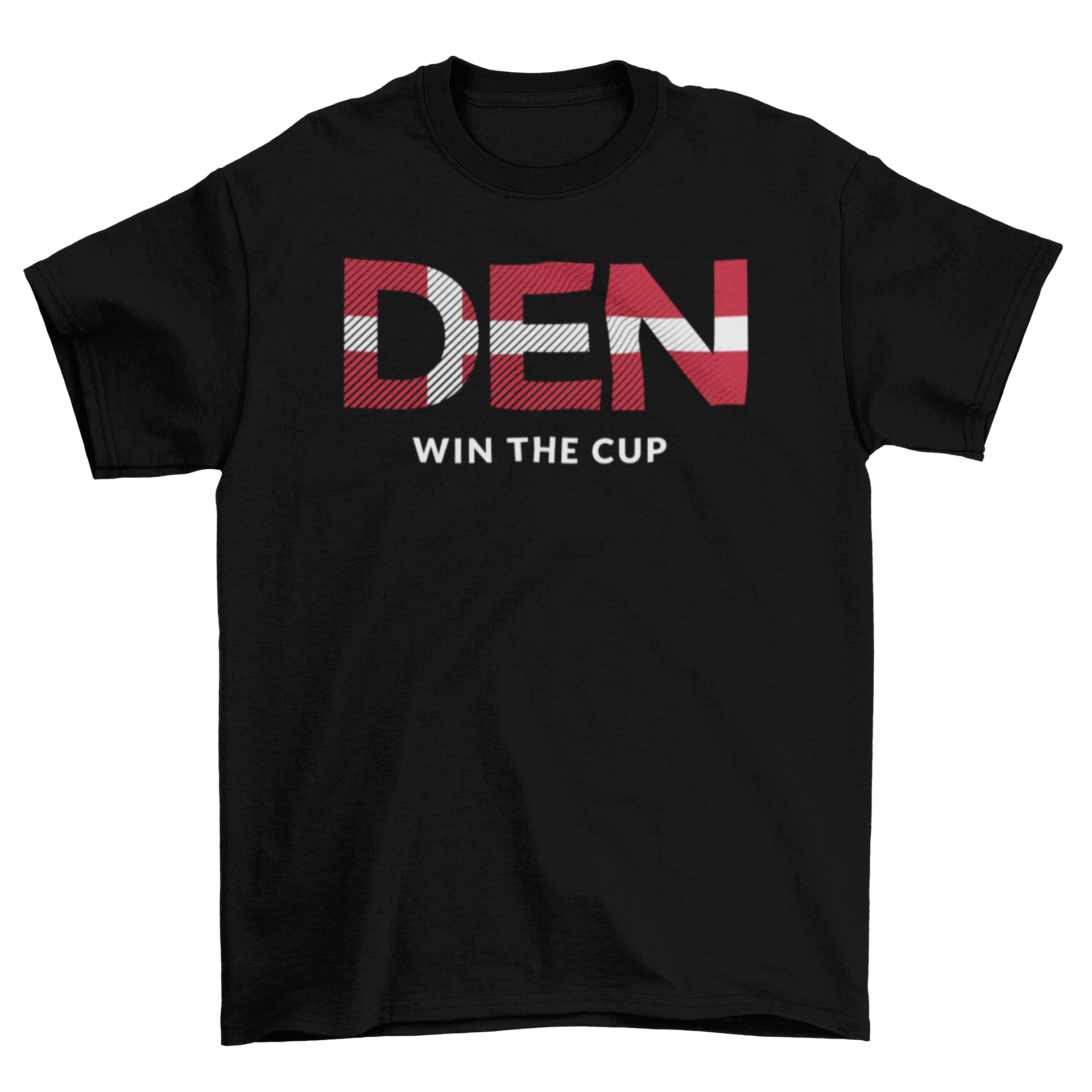 Denmark World Cup t-shirt featuring DEN letters with the Denmark flag and 'win the cup' caption, perfect for football fans.