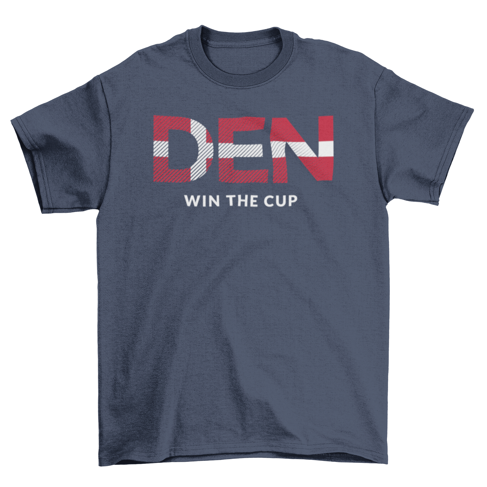 Denmark World Cup t-shirt featuring DEN letters with the Denmark flag and 'win the cup' caption, perfect for football fans.