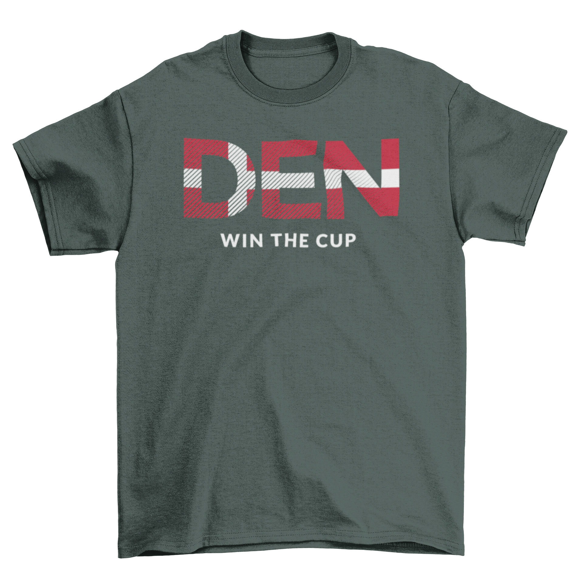 Denmark World Cup t-shirt featuring DEN letters with the Denmark flag and 'win the cup' caption, perfect for football fans.