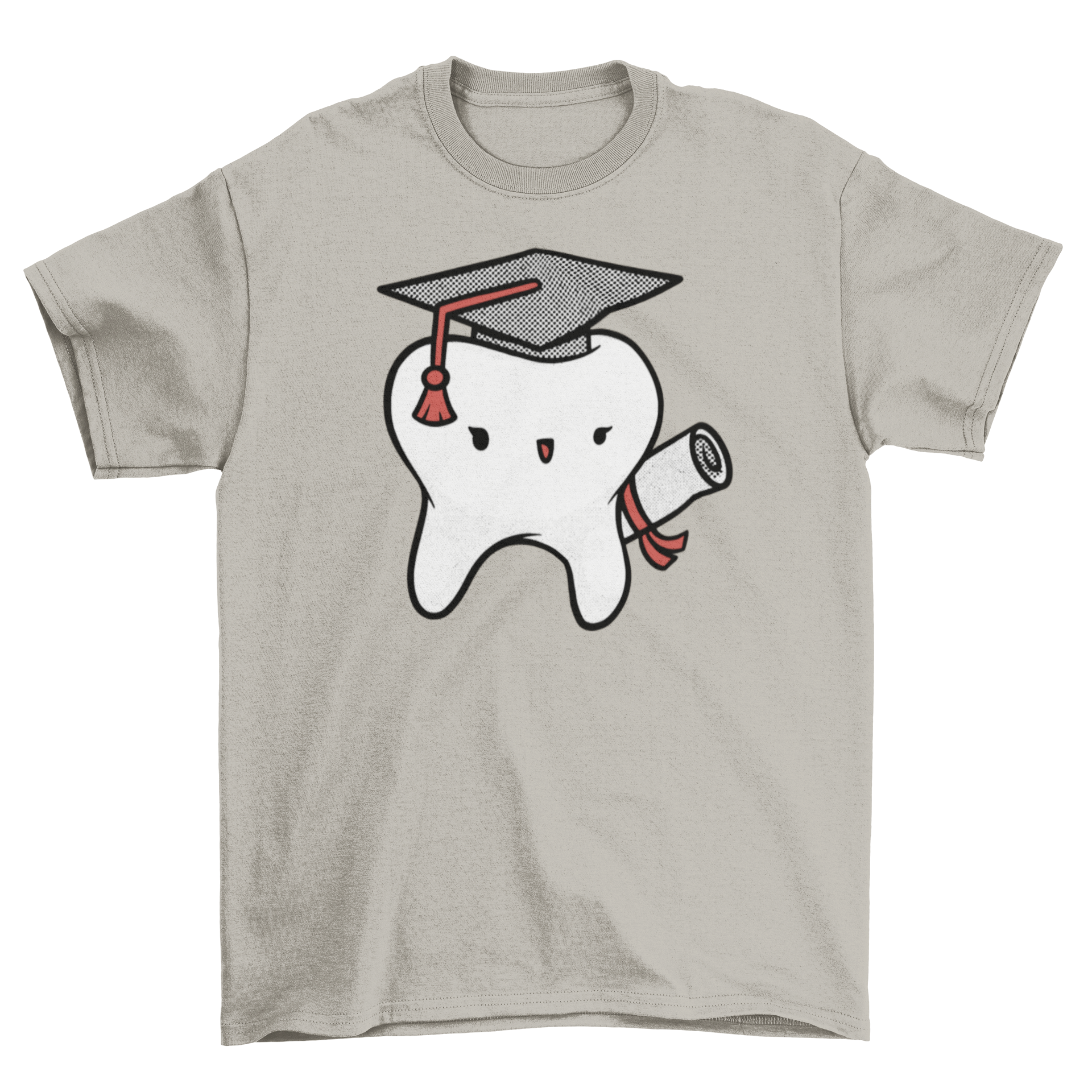 A cute tooth character wearing a graduation cap and gown on a t-shirt, symbolizing dental graduation.