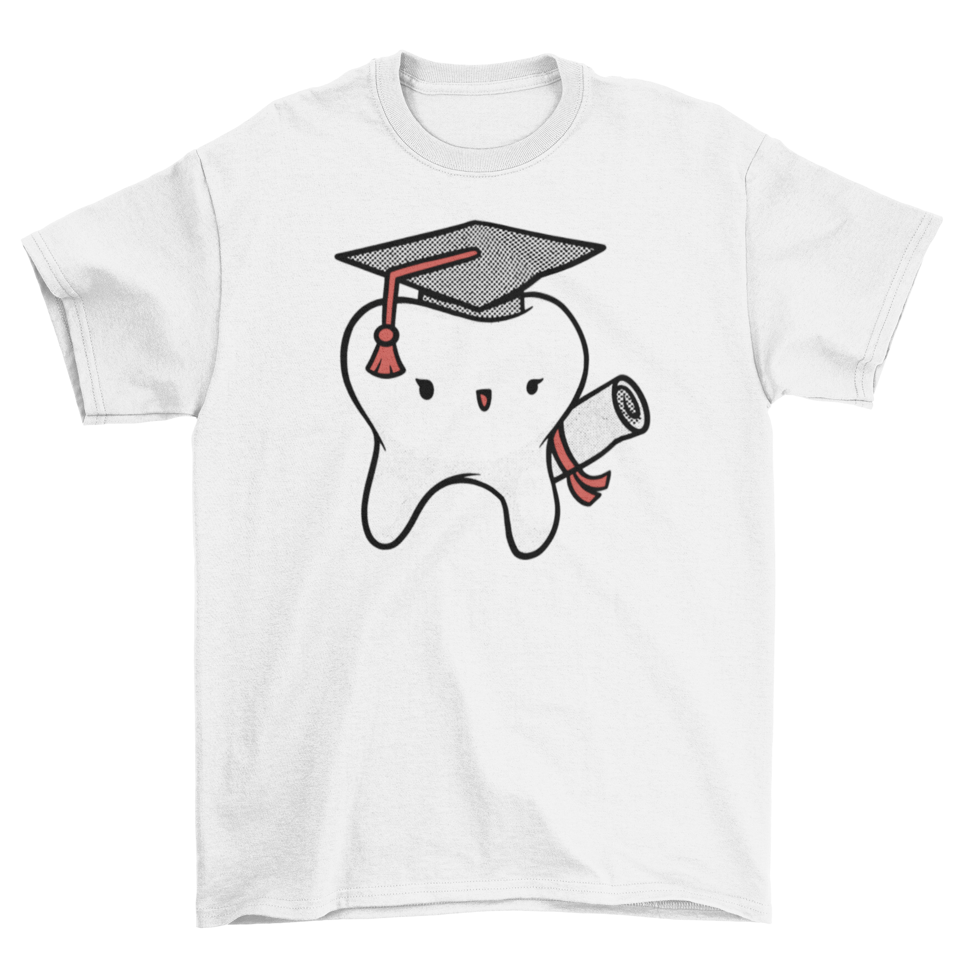 A cute tooth character wearing a graduation cap and gown on a t-shirt, symbolizing dental graduation.