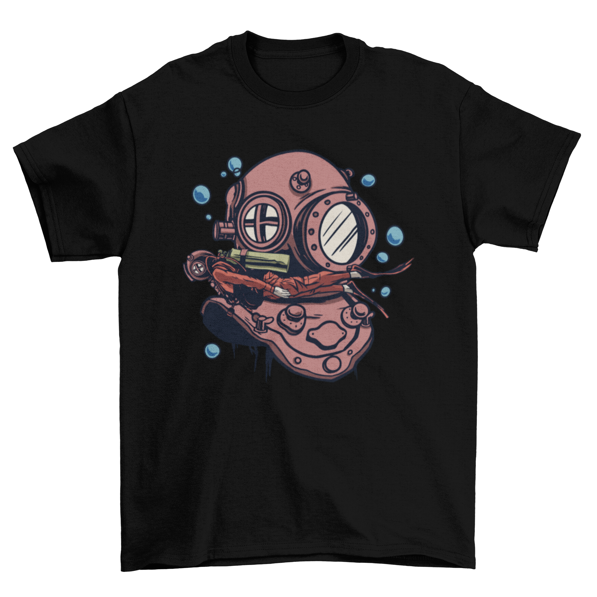 A stylish t-shirt featuring a detailed deep sea diver helmet design with a diver swimming in the foreground, perfect for ocean lovers.