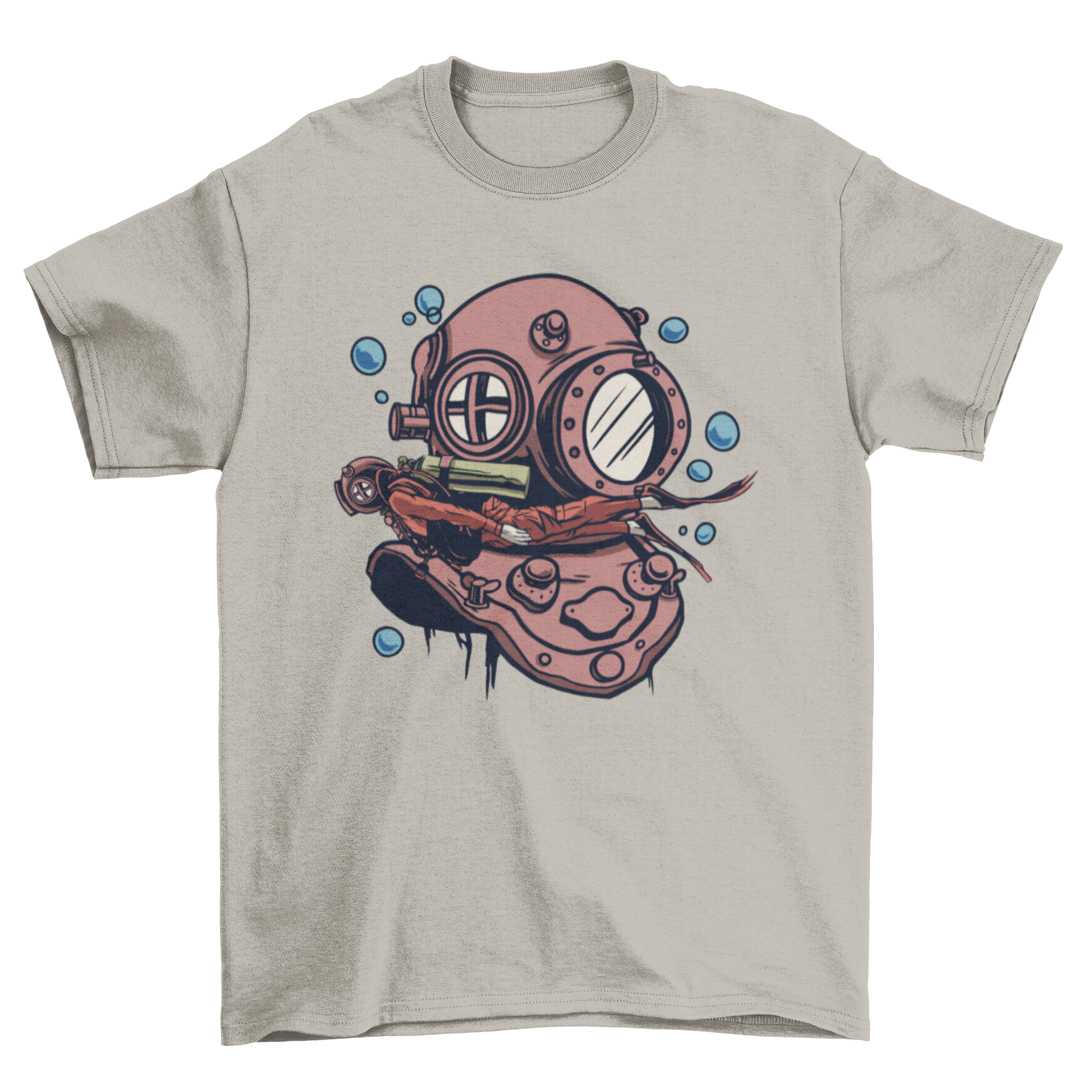 A stylish t-shirt featuring a detailed deep sea diver helmet design with a diver swimming in the foreground, perfect for ocean lovers.