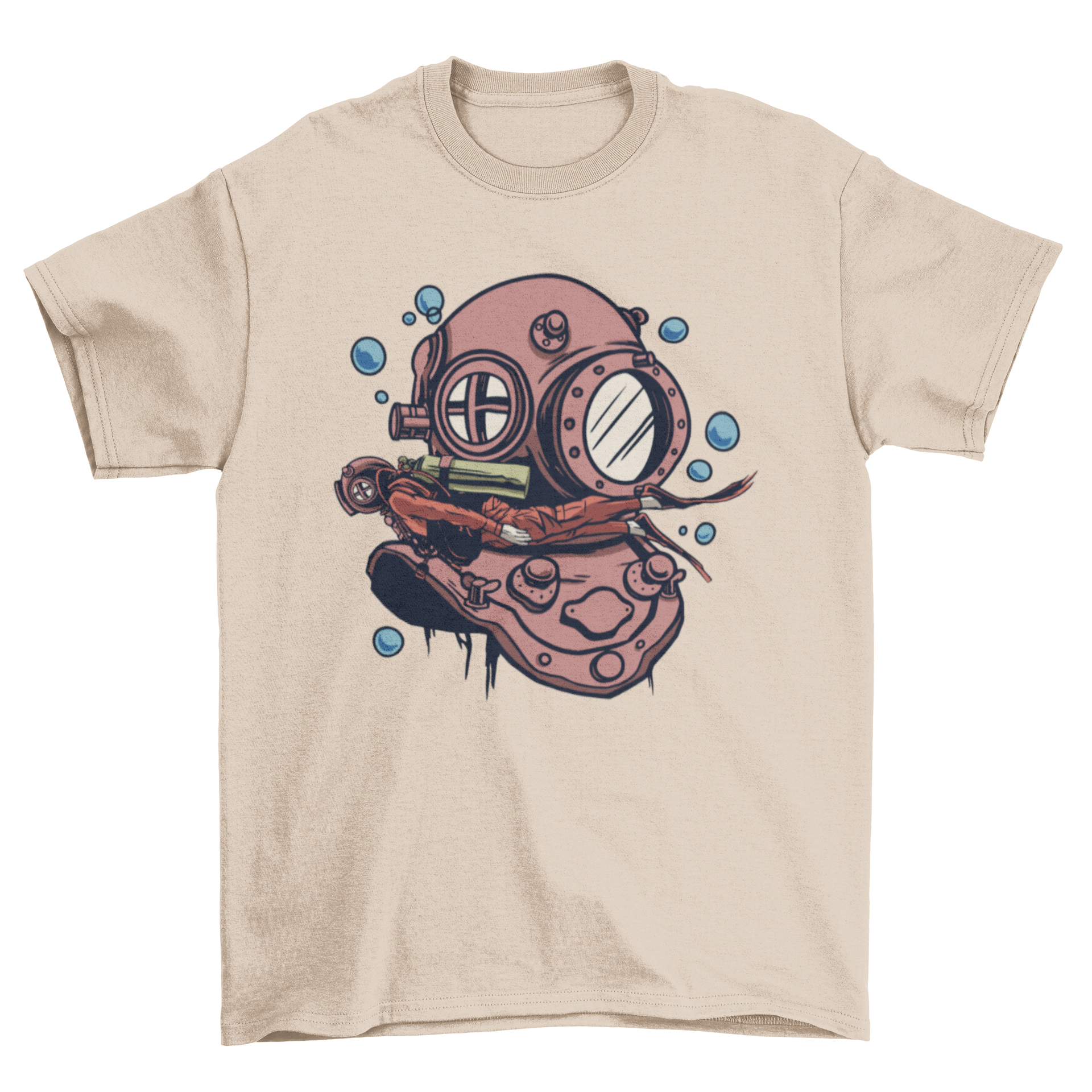 A stylish t-shirt featuring a detailed deep sea diver helmet design with a diver swimming in the foreground, perfect for ocean lovers.