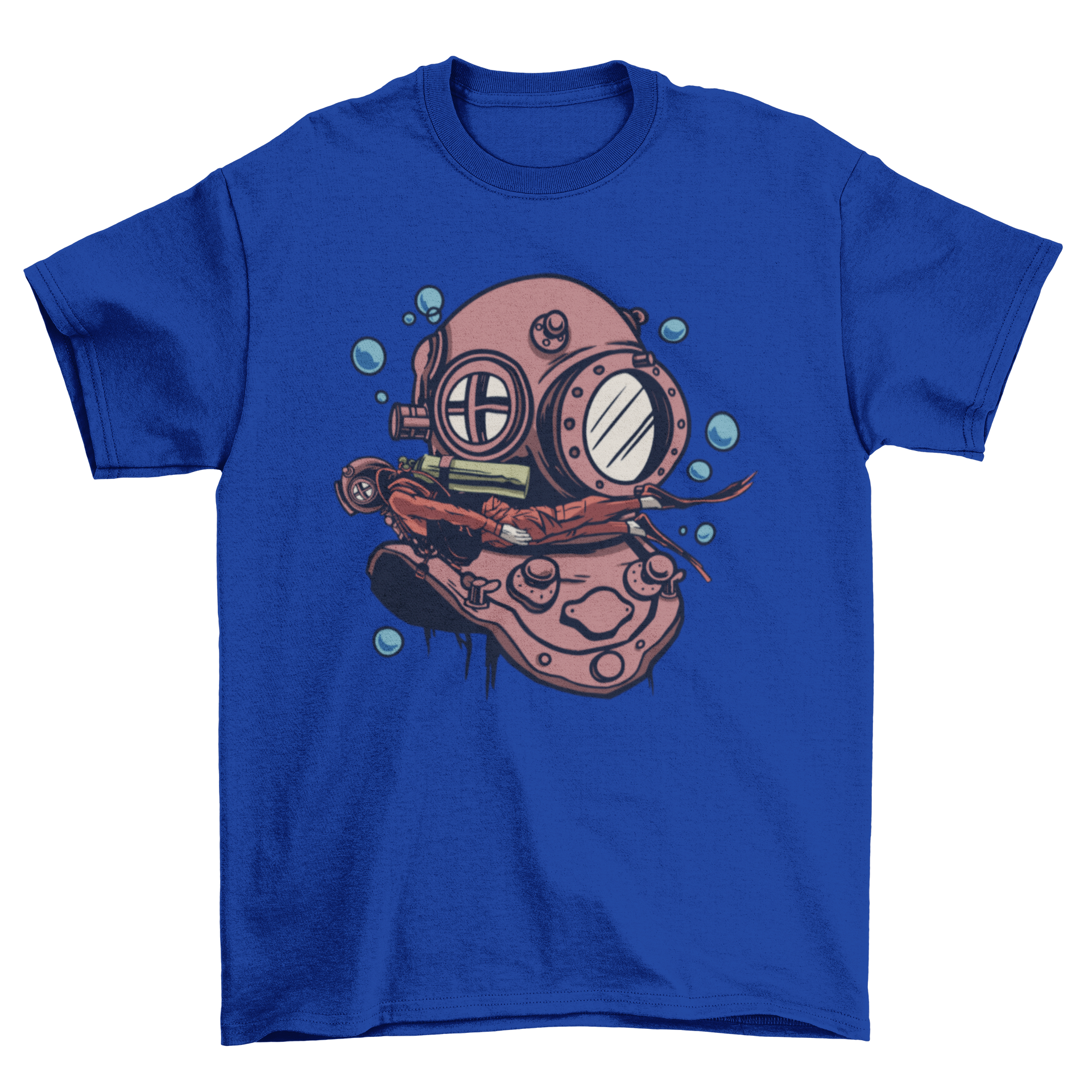 A stylish t-shirt featuring a detailed deep sea diver helmet design with a diver swimming in the foreground, perfect for ocean lovers.