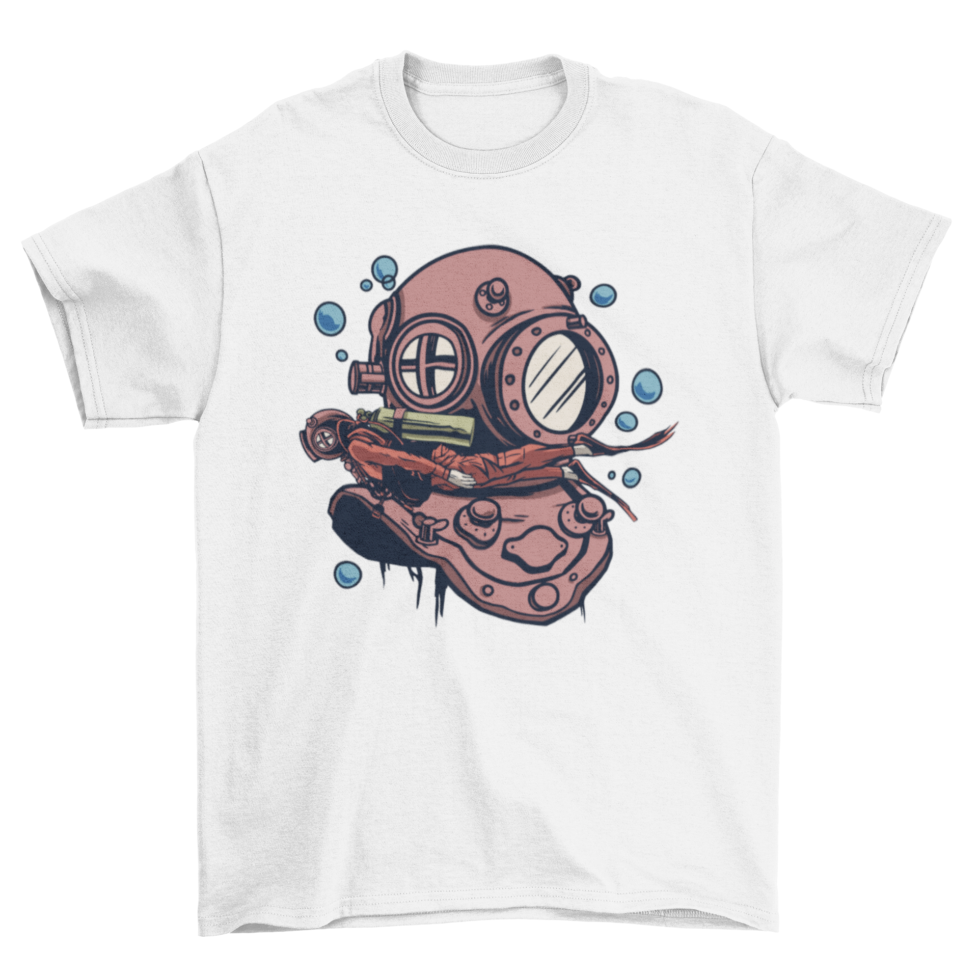 A stylish t-shirt featuring a detailed deep sea diver helmet design with a diver swimming in the foreground, perfect for ocean lovers.