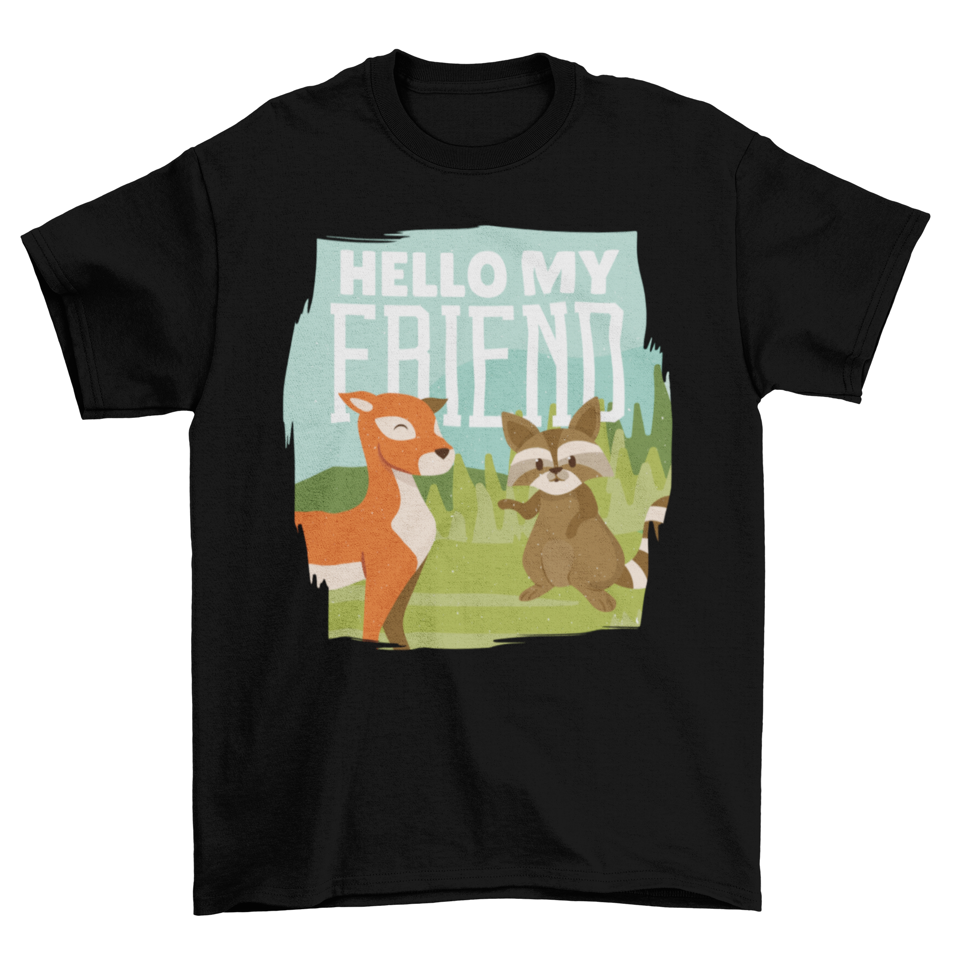 A Deer and Raccoon T-shirt featuring a cute illustration of a deer and raccoon with the quote 'HELLO MY FRIEND'.