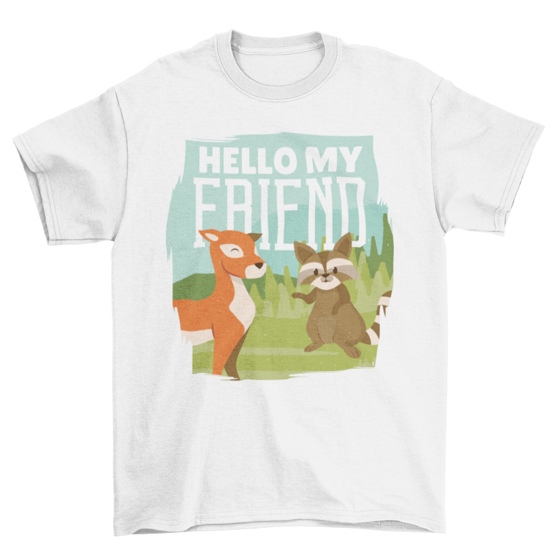 A Deer and Raccoon T-shirt featuring a cute illustration of a deer and raccoon with the quote 'HELLO MY FRIEND'.