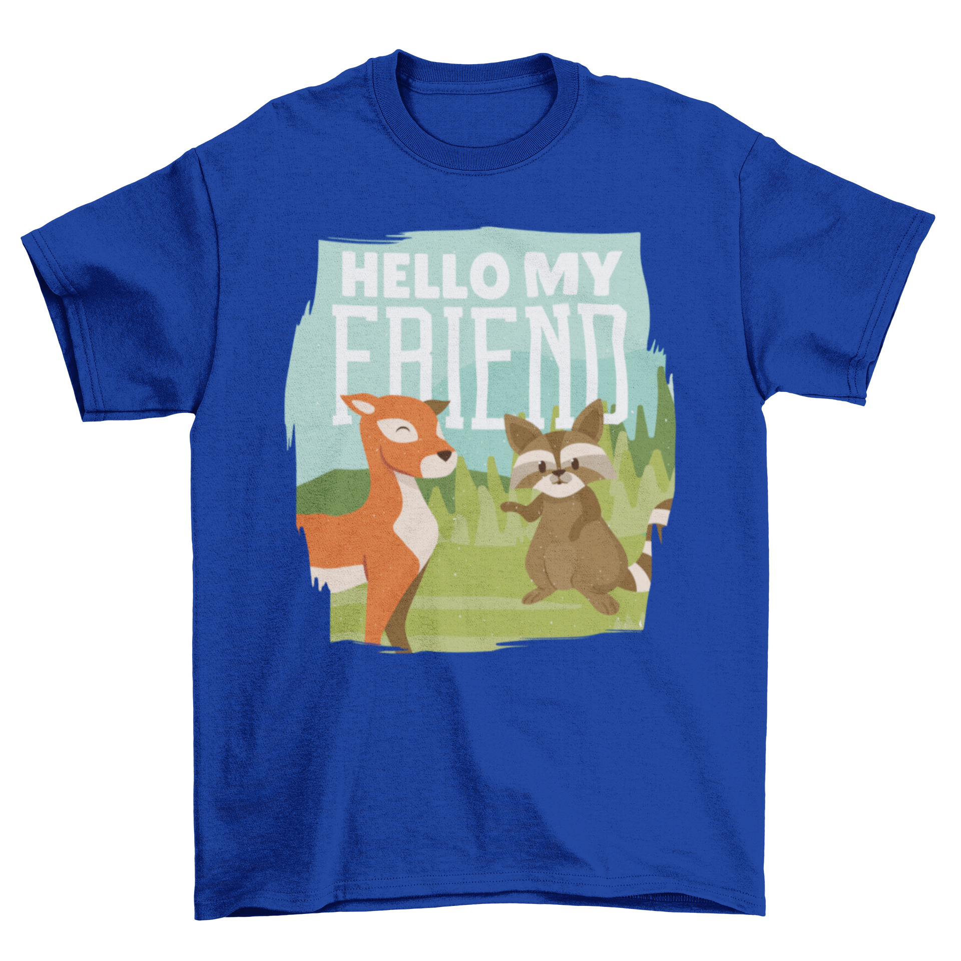 A Deer and Raccoon T-shirt featuring a cute illustration of a deer and raccoon with the quote 'HELLO MY FRIEND'.