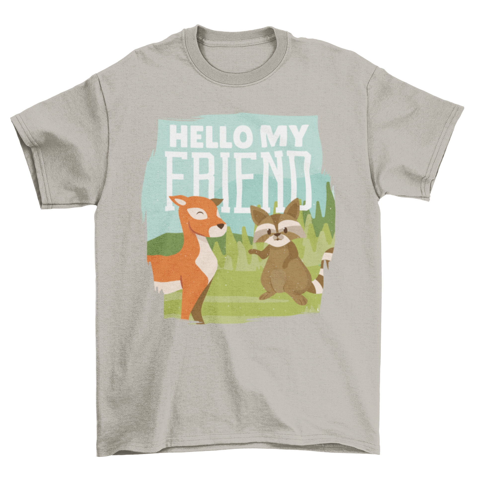 A Deer and Raccoon T-shirt featuring a cute illustration of a deer and raccoon with the quote 'HELLO MY FRIEND'.