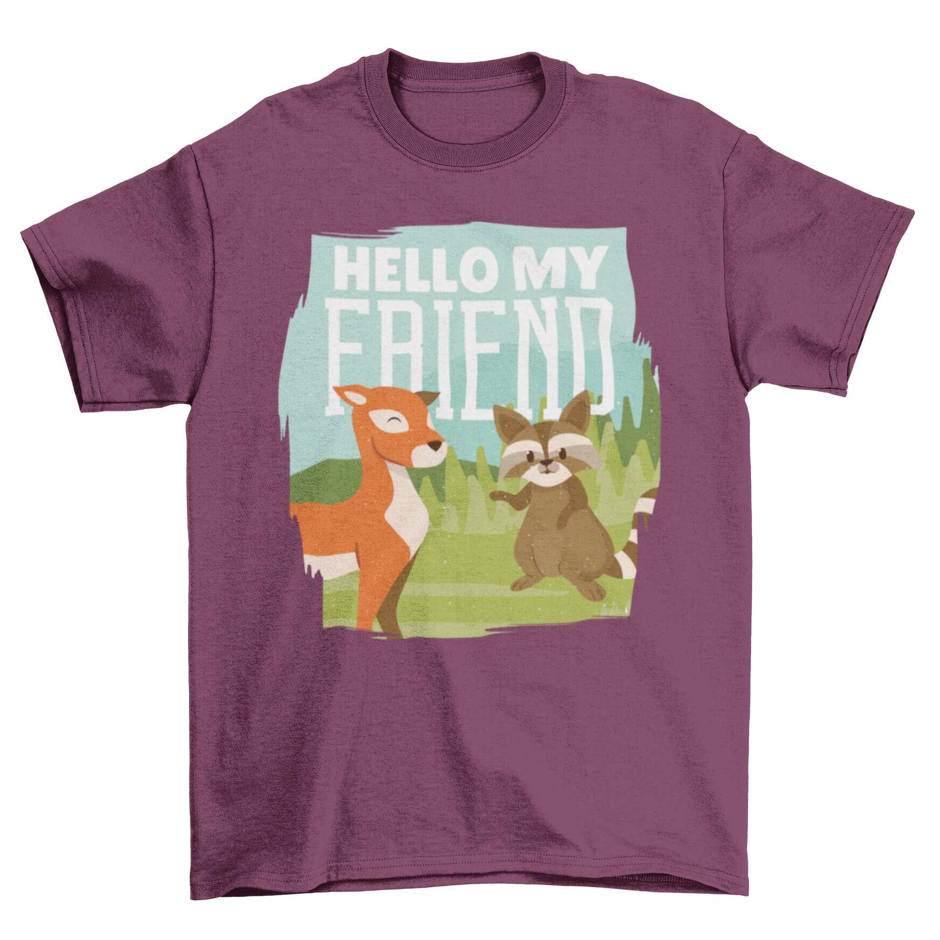 A Deer and Raccoon T-shirt featuring a cute illustration of a deer and raccoon with the quote 'HELLO MY FRIEND'.