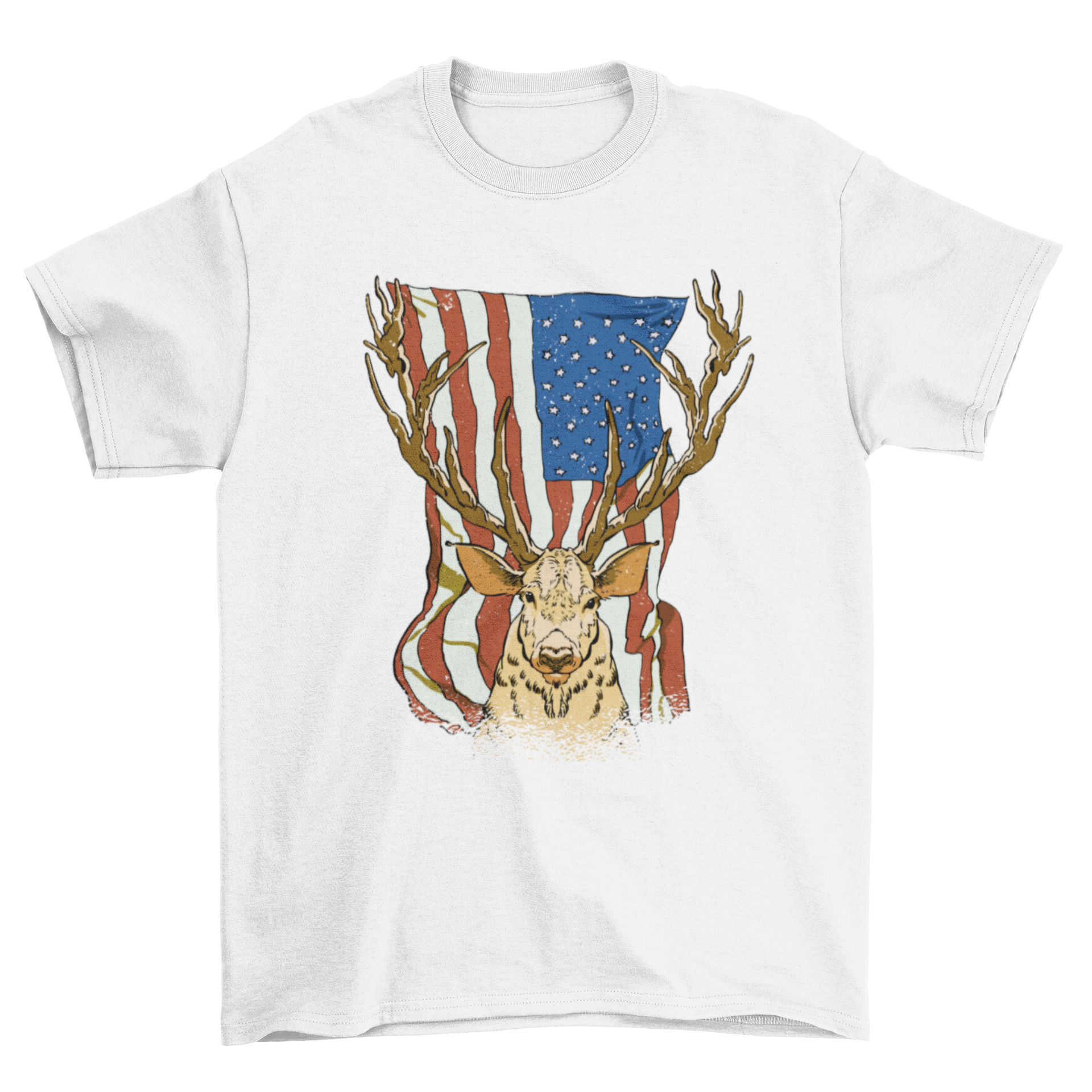 A patriotic t-shirt featuring a deer silhouette against the USA flag background, showcasing a unique design.