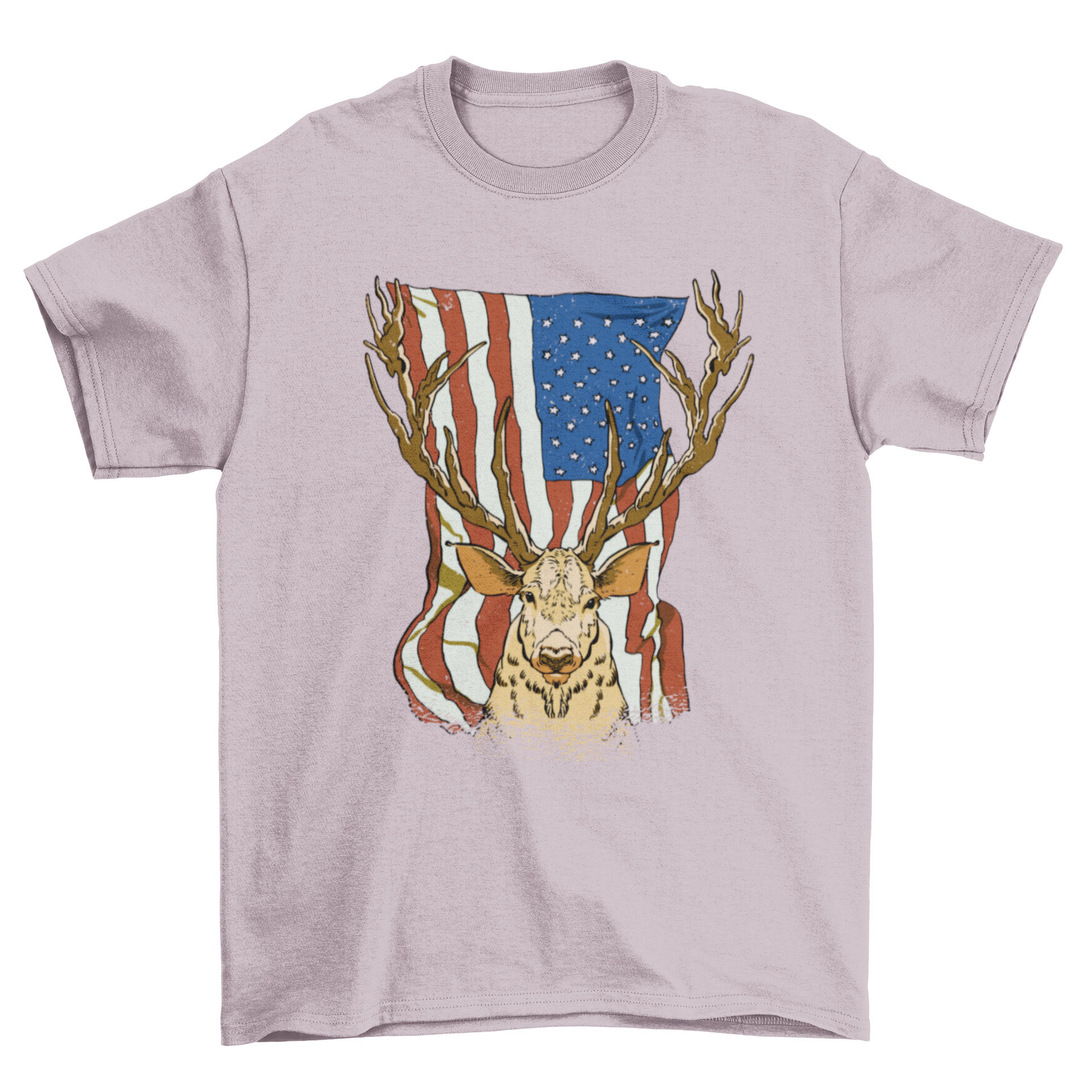 A patriotic t-shirt featuring a deer silhouette against the USA flag background, showcasing a unique design.