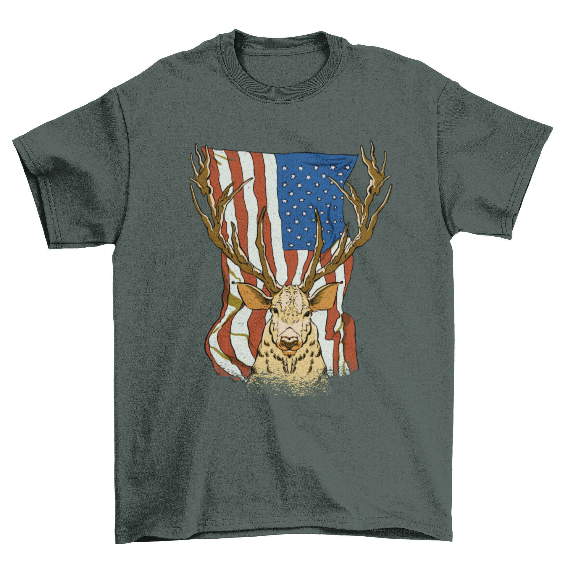 A patriotic t-shirt featuring a deer silhouette against the USA flag background, showcasing a unique design.