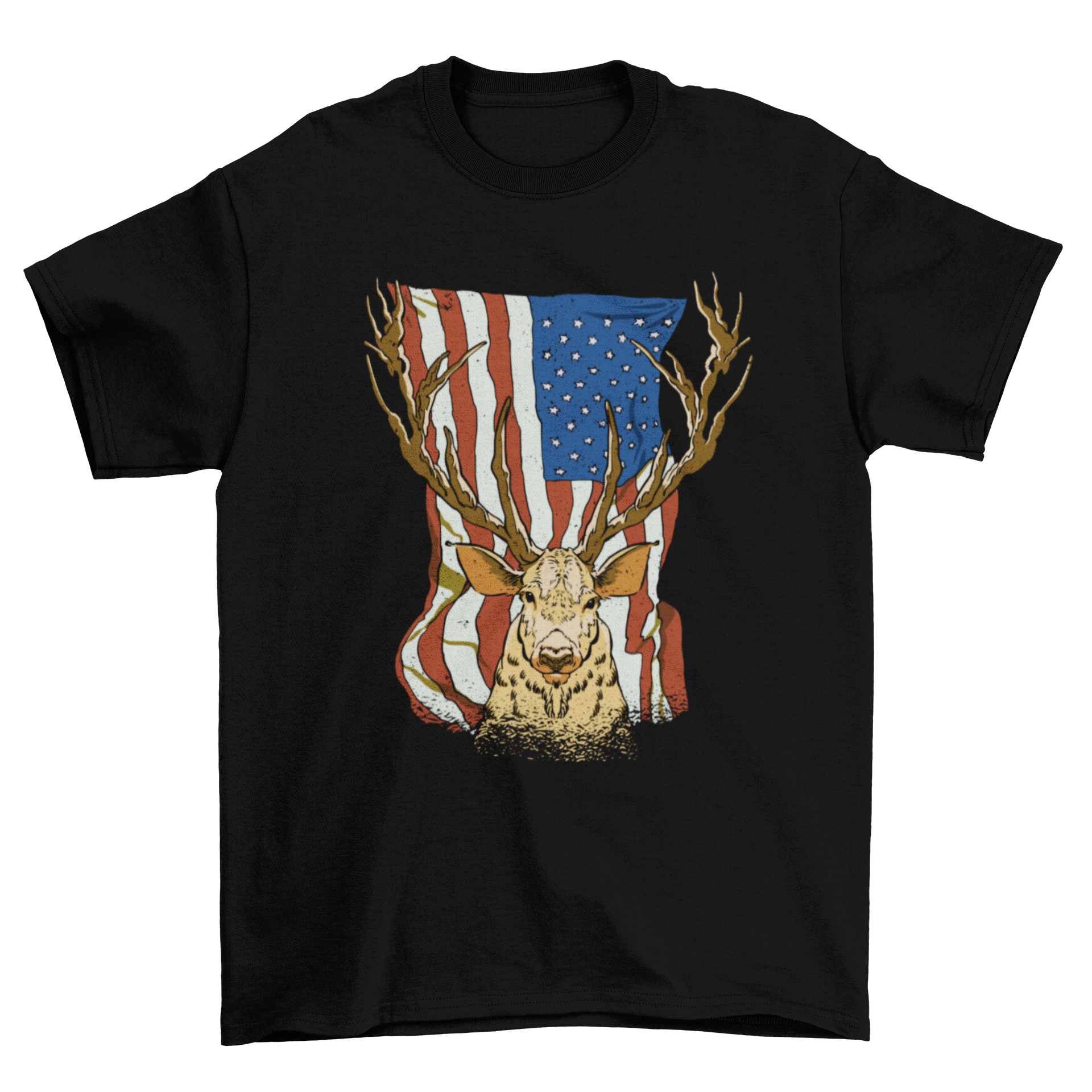 A patriotic t-shirt featuring a deer silhouette against the USA flag background, showcasing a unique design.