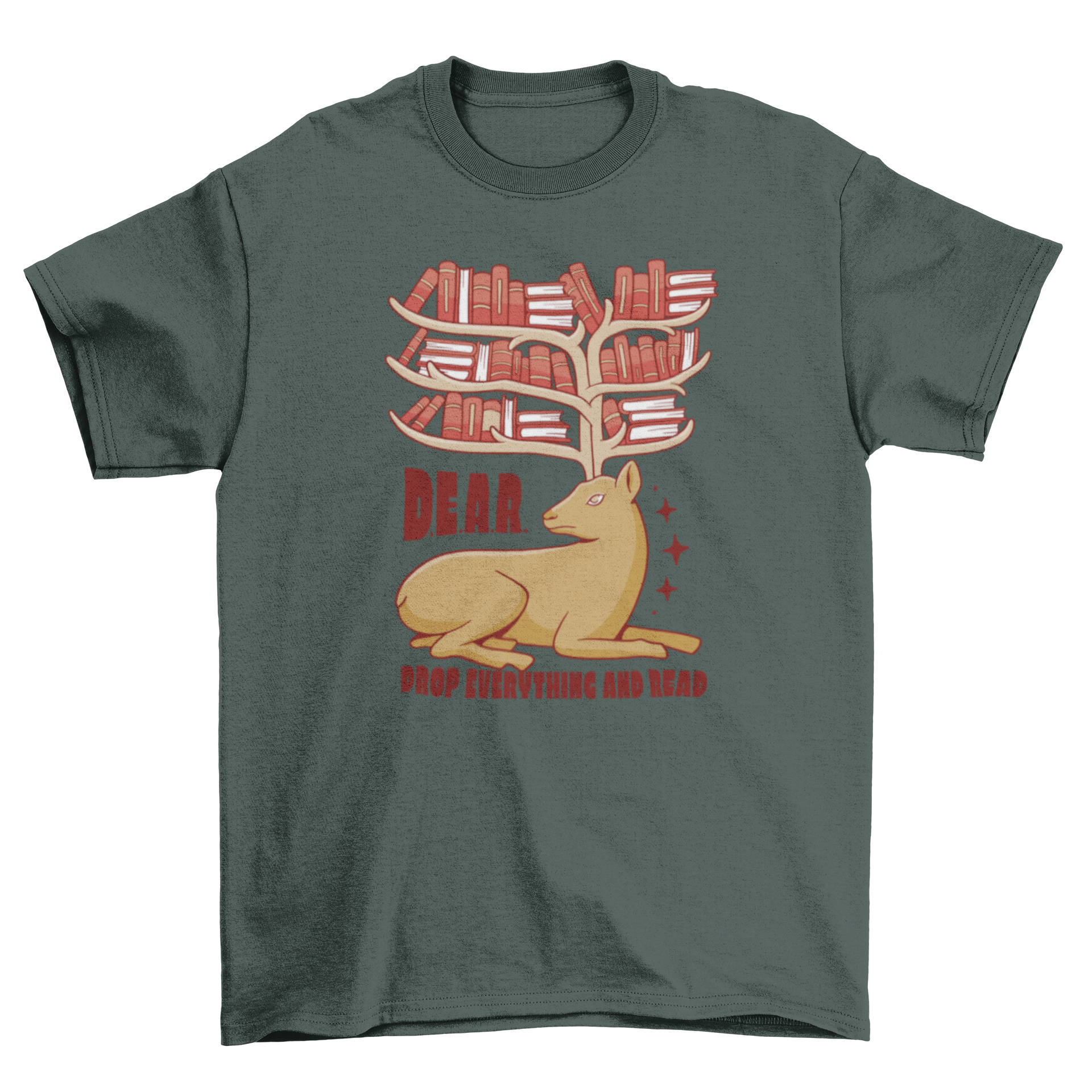 A stylish t-shirt featuring a deer with colorful books on its antlers, perfect for book lovers.