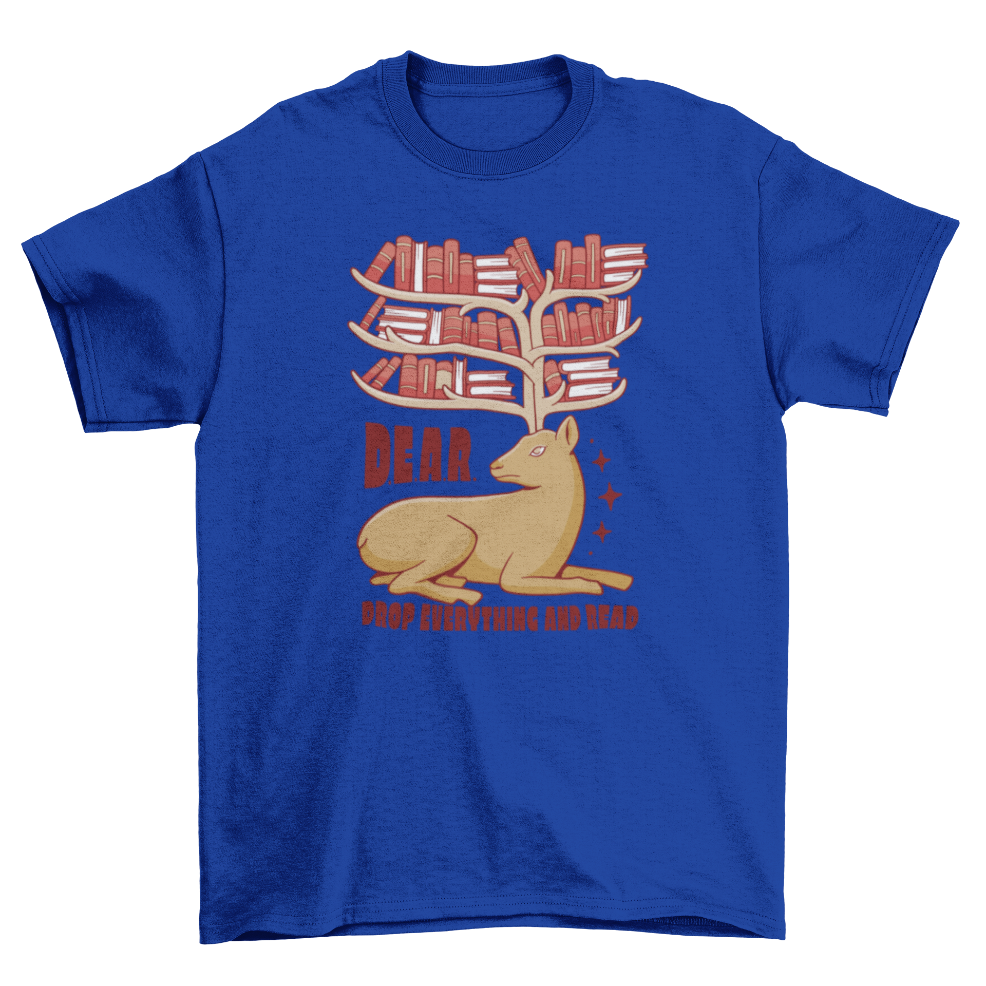 A stylish t-shirt featuring a deer with colorful books on its antlers, perfect for book lovers.