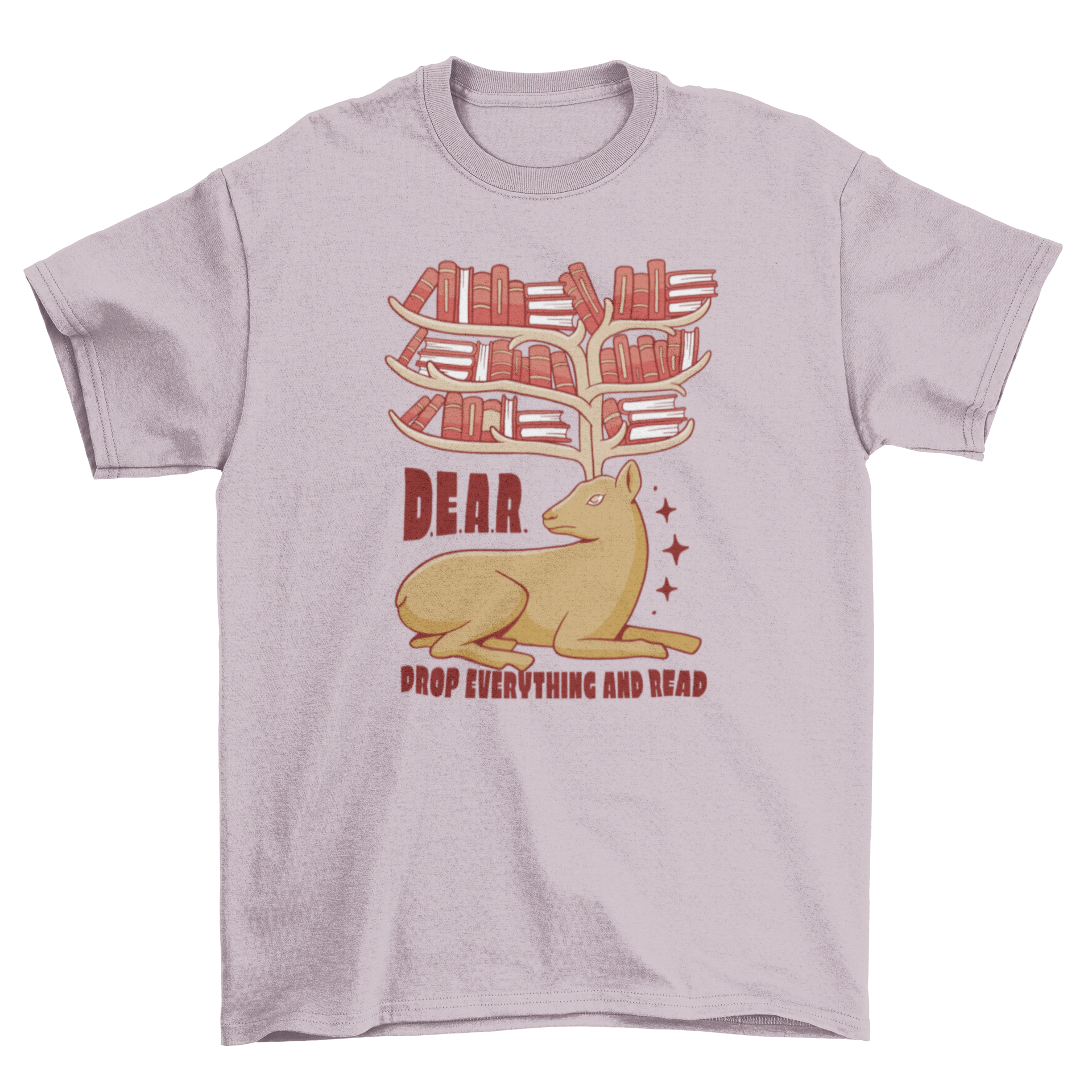 A stylish t-shirt featuring a deer with colorful books on its antlers, perfect for book lovers.