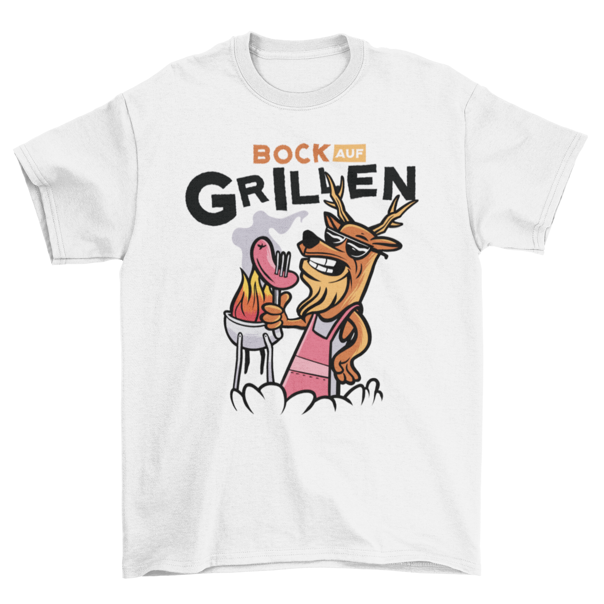 A stylish t-shirt featuring a deer grilling with a humorous German quote about barbecuing.