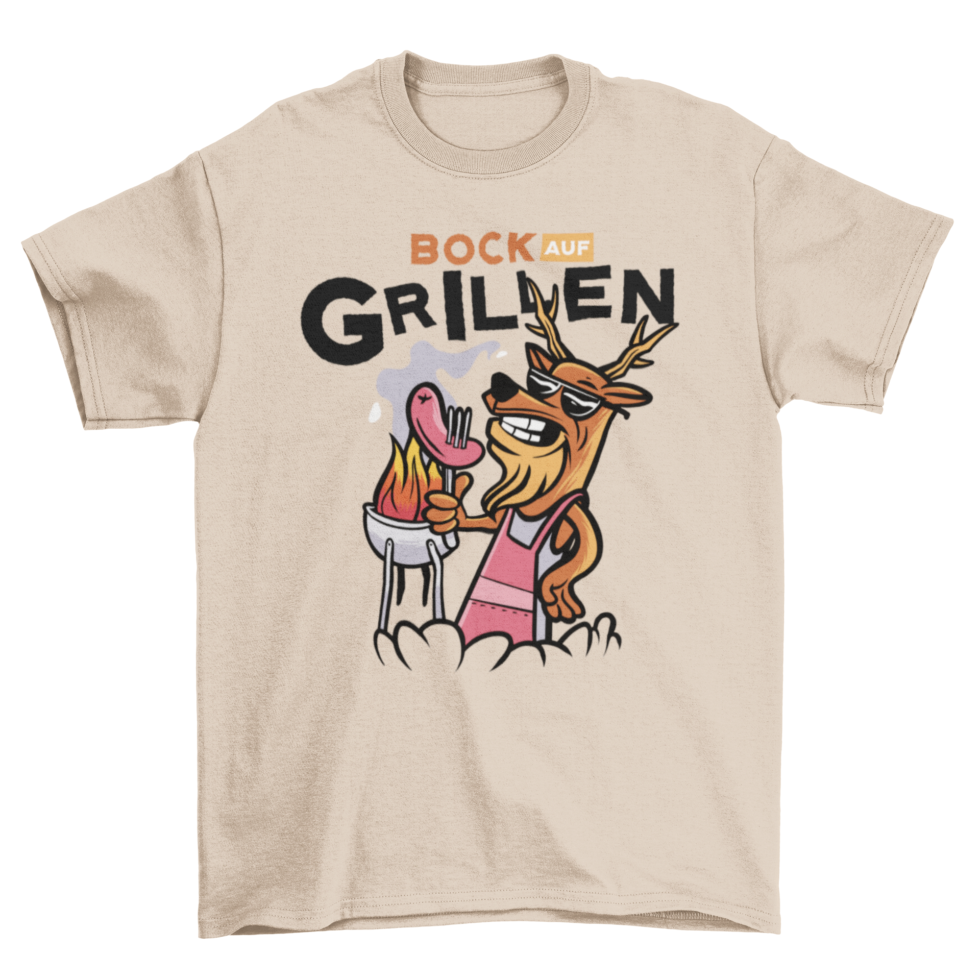 A stylish t-shirt featuring a deer grilling with a humorous German quote about barbecuing.