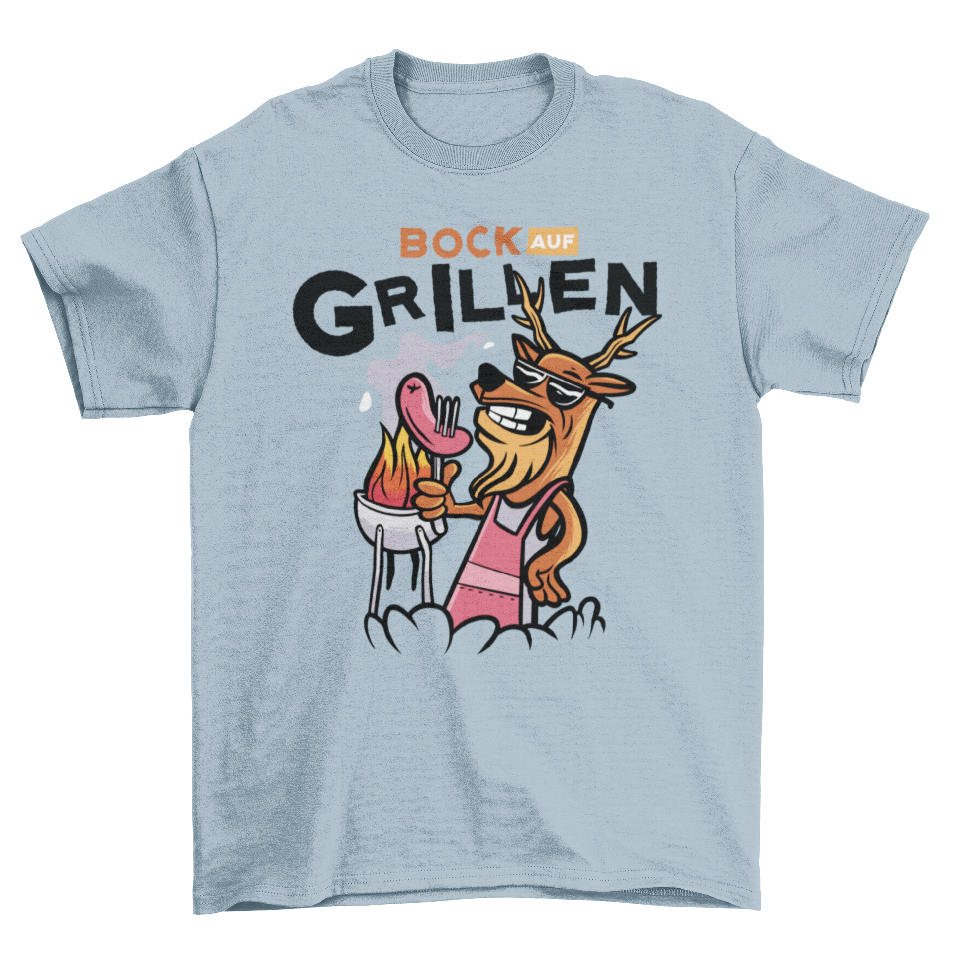 A stylish t-shirt featuring a deer grilling with a humorous German quote about barbecuing.