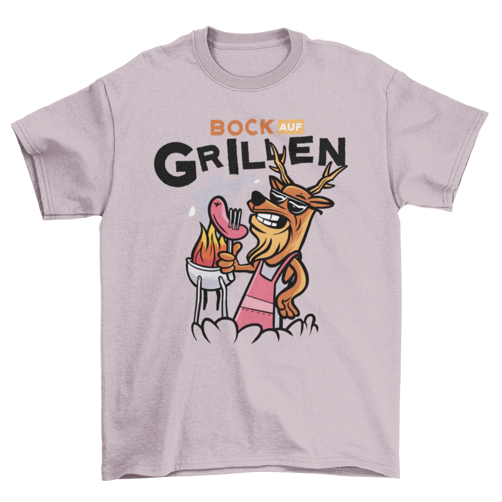 A stylish t-shirt featuring a deer grilling with a humorous German quote about barbecuing.