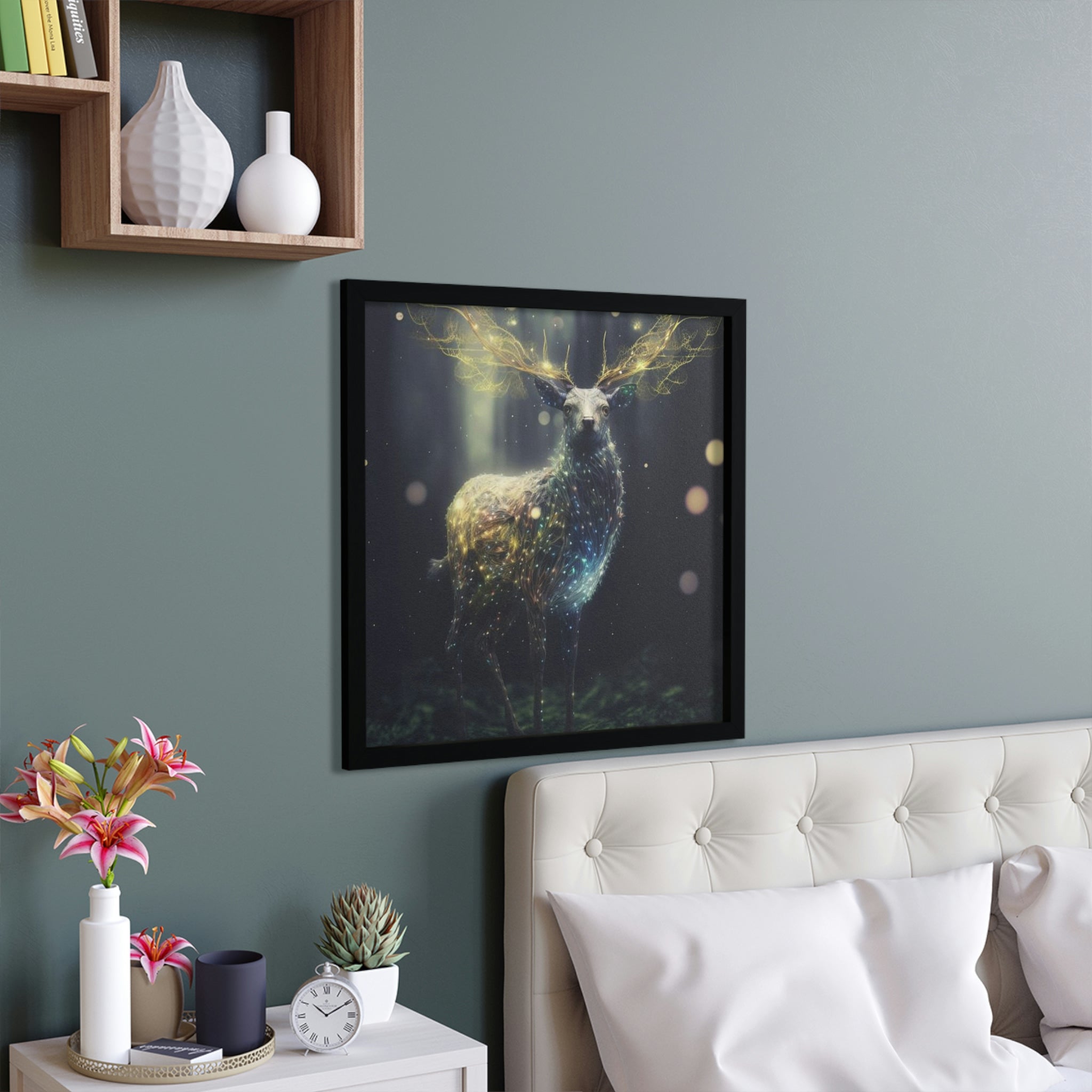 A beautifully framed poster featuring a majestic deer, showcasing a hand-crafted wooden frame and vibrant colors.