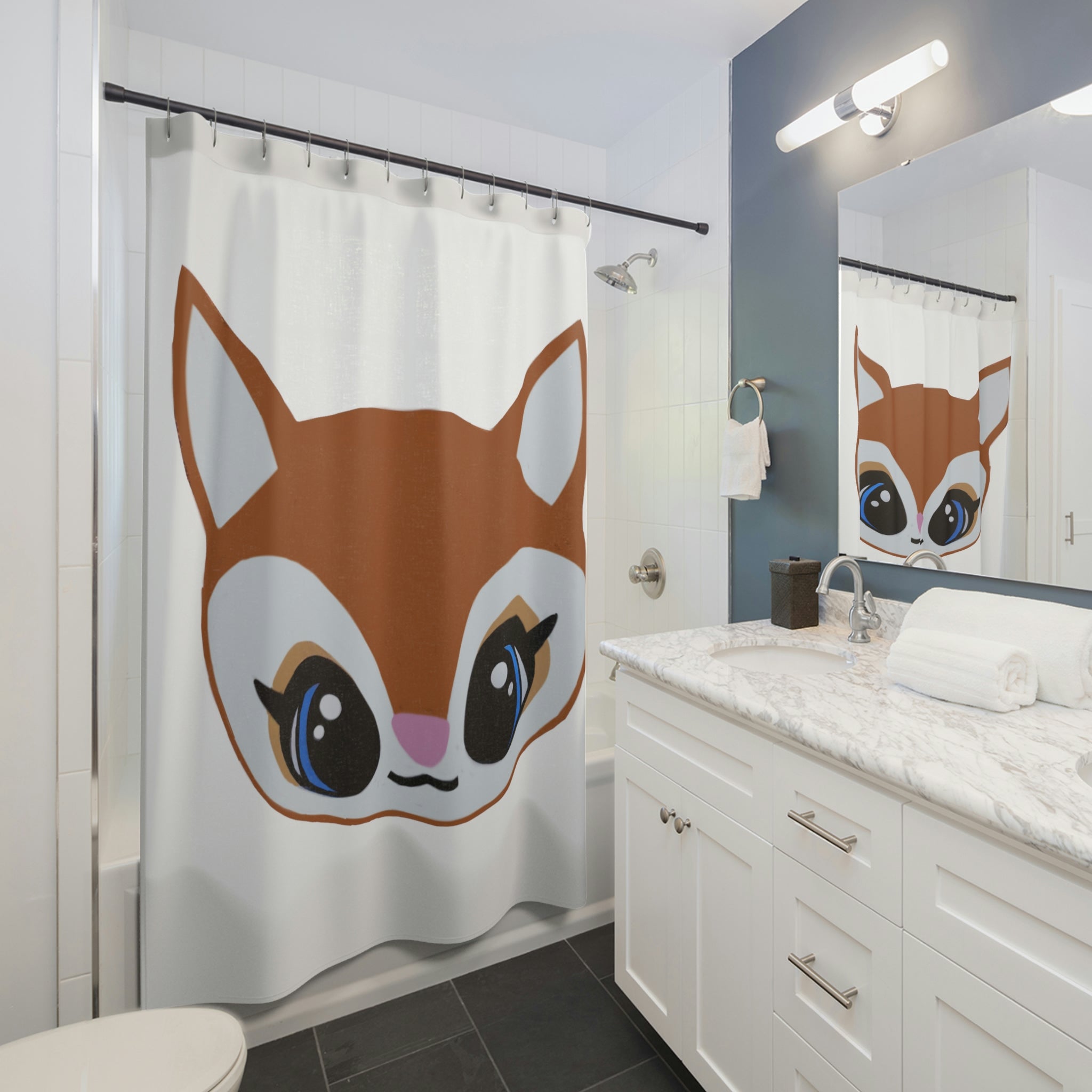 A stylish deer head shower curtain made of durable polyester, featuring a unique design perfect for enhancing bathroom decor.