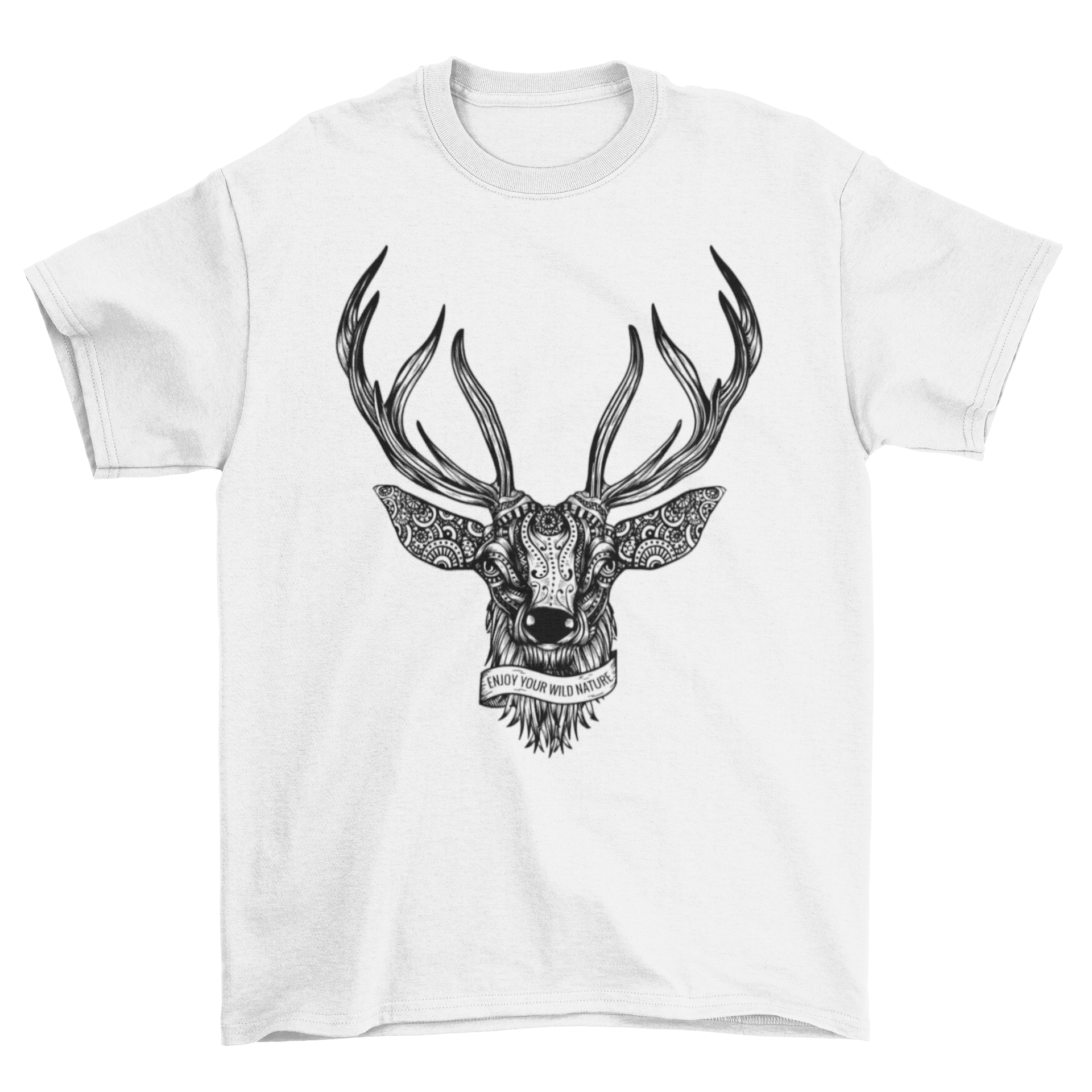 A stylish t-shirt featuring an illustrated deer made from mandalas and tribal patterns, with the text 'Enjoy your wild nature'.