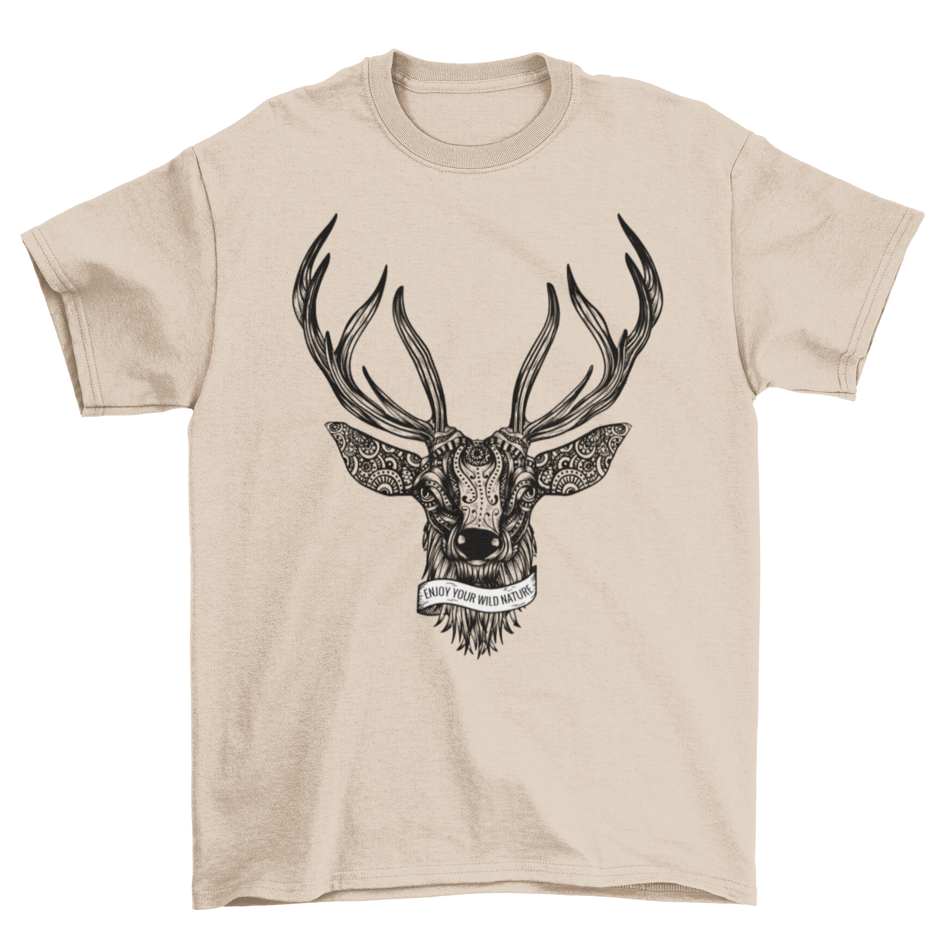 A stylish t-shirt featuring an illustrated deer made from mandalas and tribal patterns, with the text 'Enjoy your wild nature'.